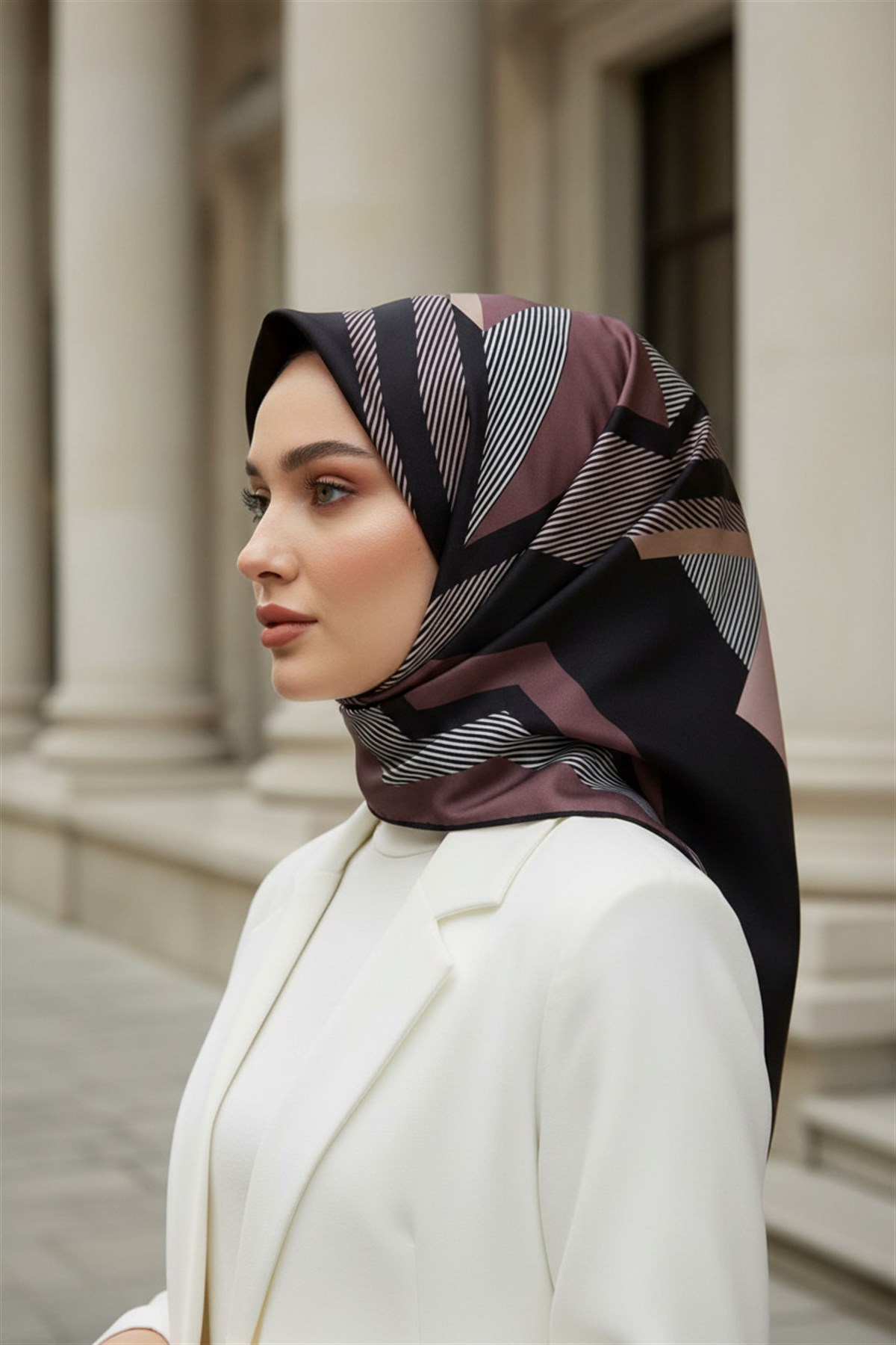 %100 Twill İpek Geometrik Desenli Pudra - Siyah Renkli 90x90 Eşarp Dikim Şekli : El Dikişi
