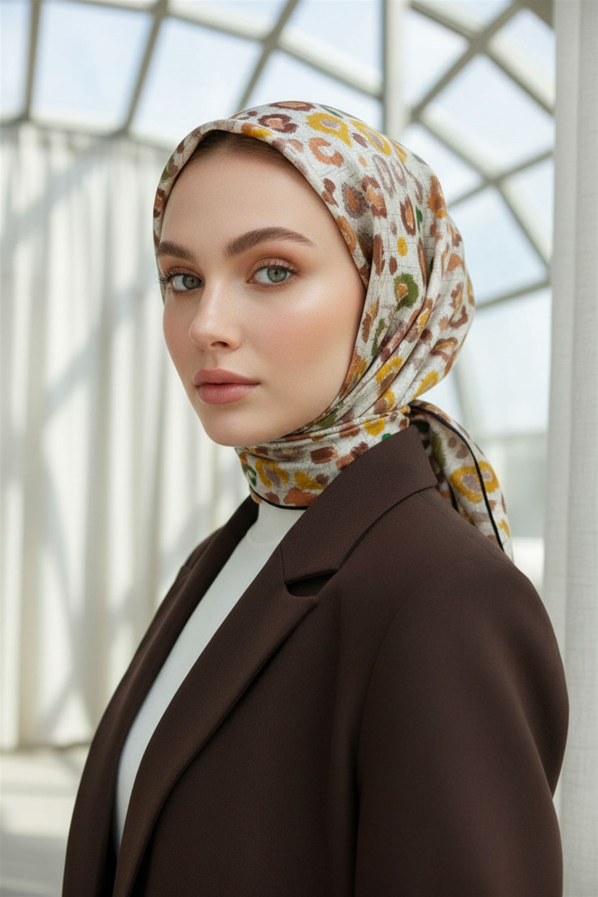 %100 Twill İpek Renkli Leopari Desenli Turuncu - Zümrüt Yeşili Renkli 90x90 Eşarp Kenar Dikiş Şekli El Dikişli