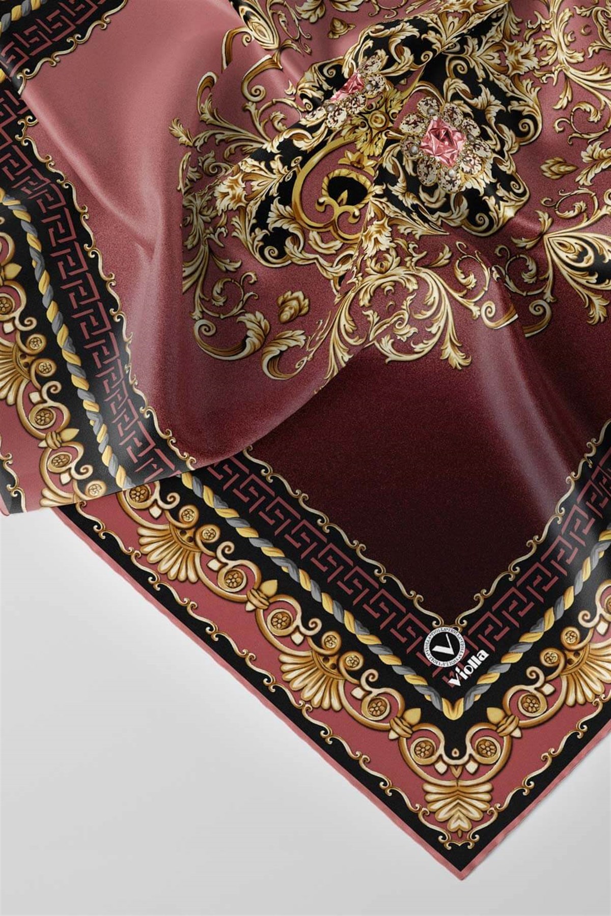 Twill Barok Desenli Gül Kurusu Renkli 90x90 Eşarp (İpek İçermez) Dikim Şekli : El Dikişi