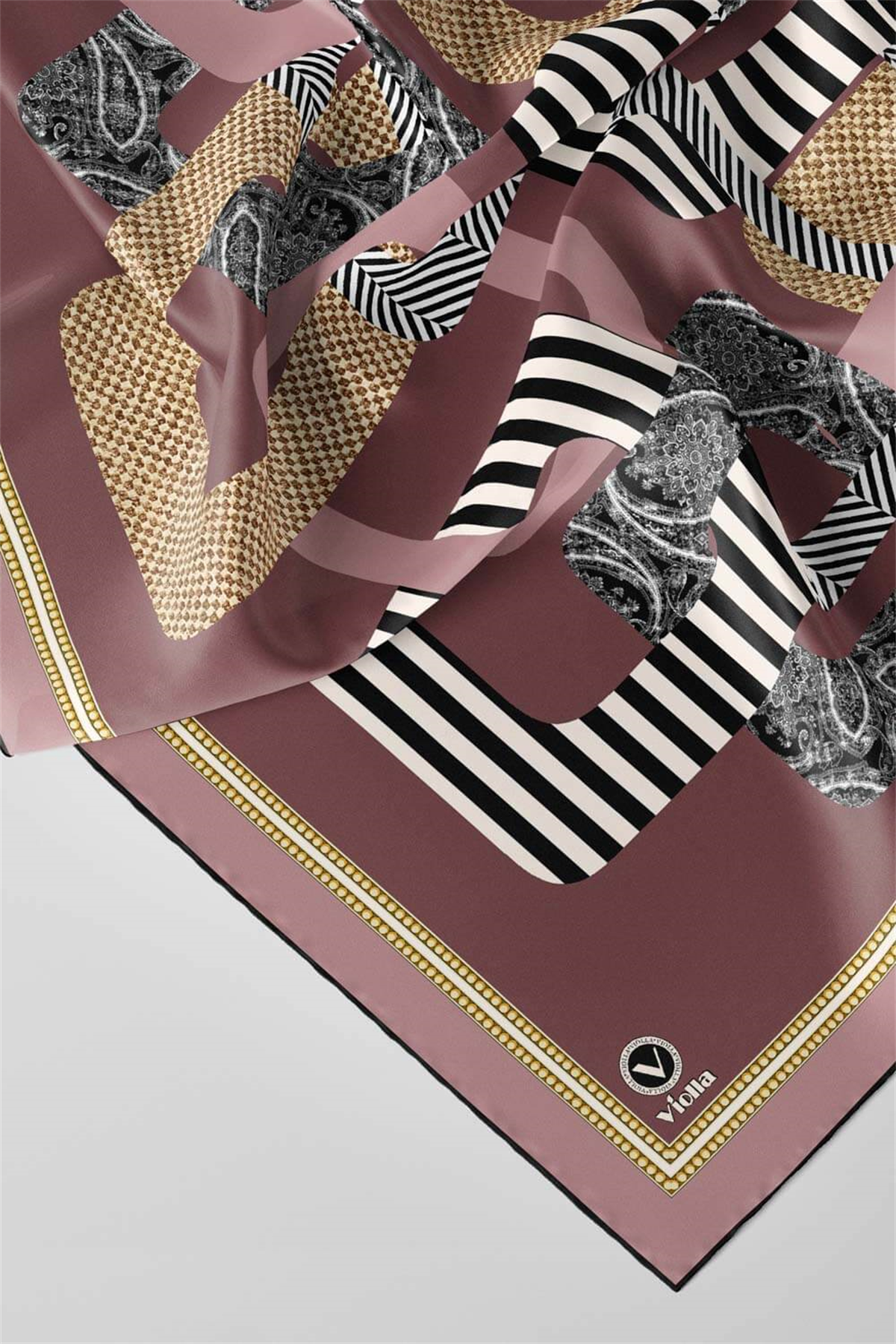 Twill Geometrik Desenli Pudra Renkli 90x90 Eşarp (İpek İçermez) Kenar Dikiş Şekli El Dikişli