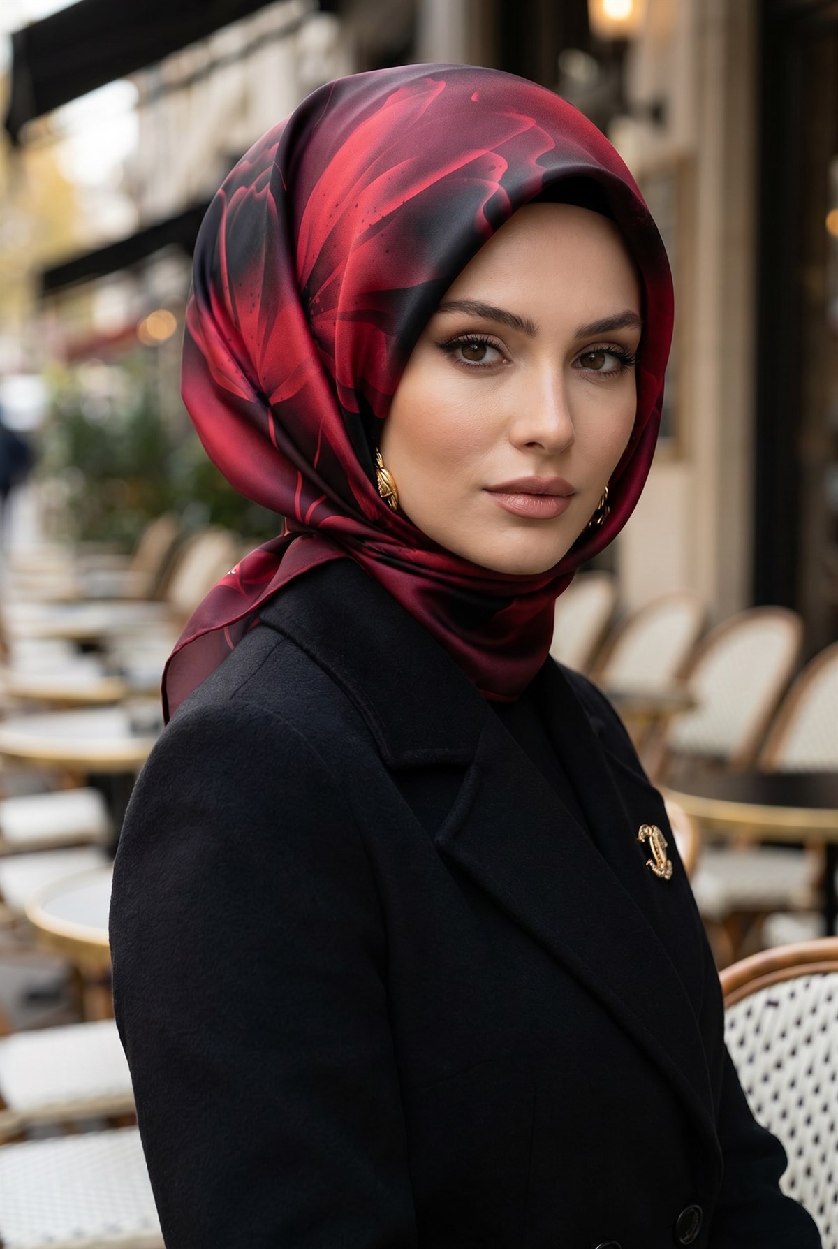 %100 Twill İpek Çiçek Desenli Bordo Renkli 90x90 Eşarp Dikim Şekli : El Dikişi