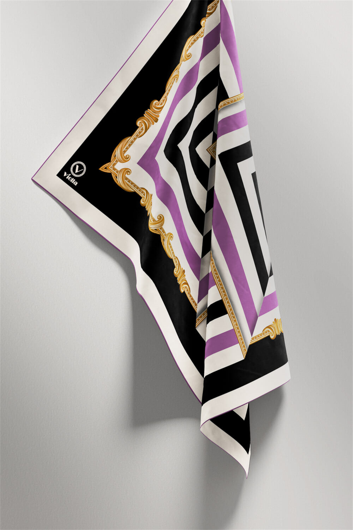 Twill Geometrik Desenli Lila Renkli 90x90 Eşarp (İpek İçermez) Kenar Dikiş Şekli El Dikişli