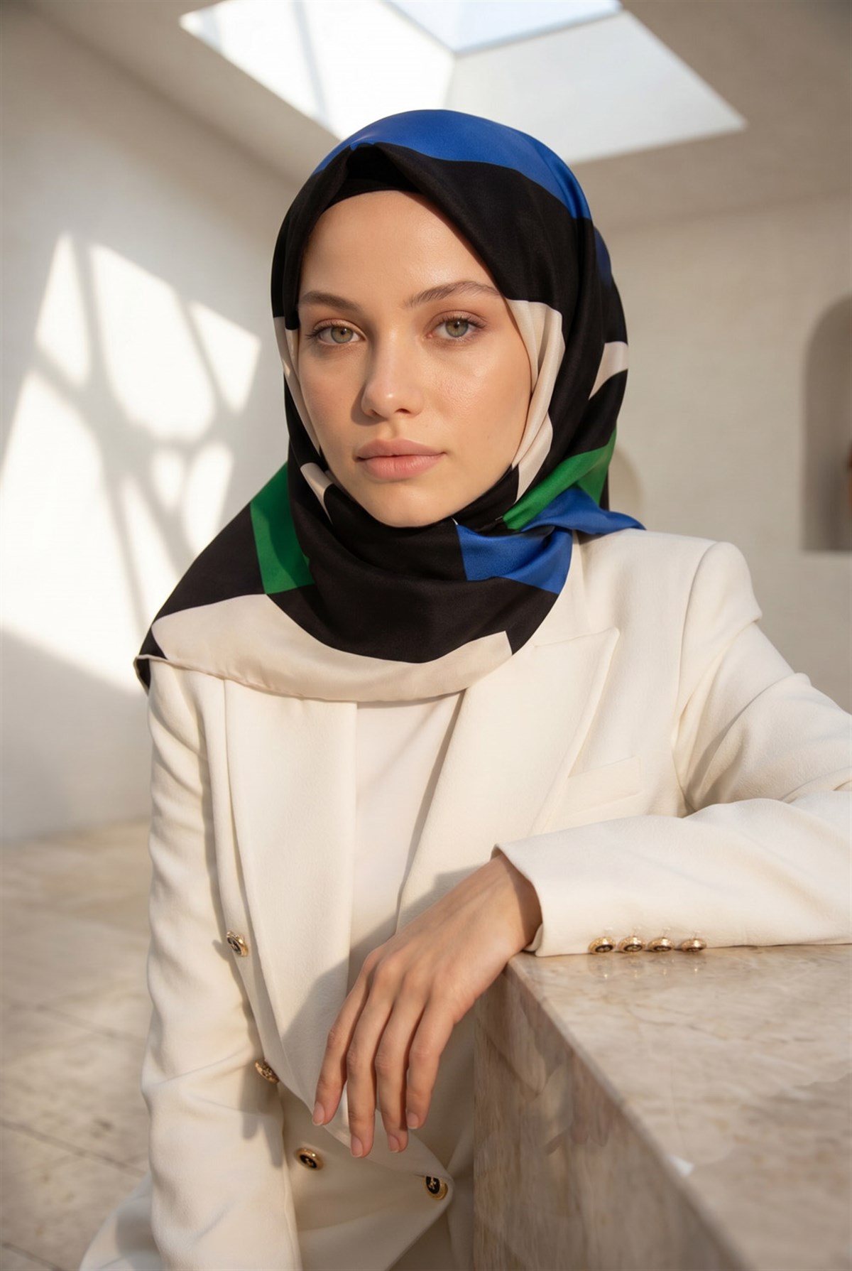 %100 Twill İpek Geometrik Desenli Zümrüt Yeşili - Saks Renkli 90x90 Eşarp Dikim Şekli : El Dikişi
