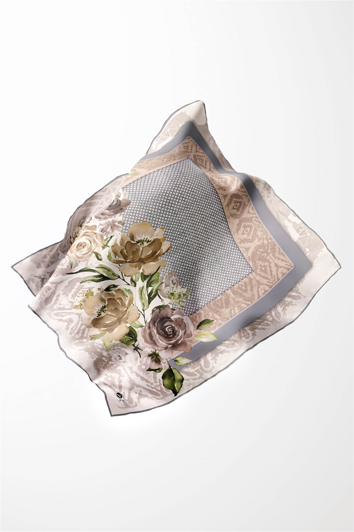 Twill Çiçek Desenli Gri Renkli 90x90 Eşarp (İpek İçermez) Kenar Dikiş Şekli El Dikişli