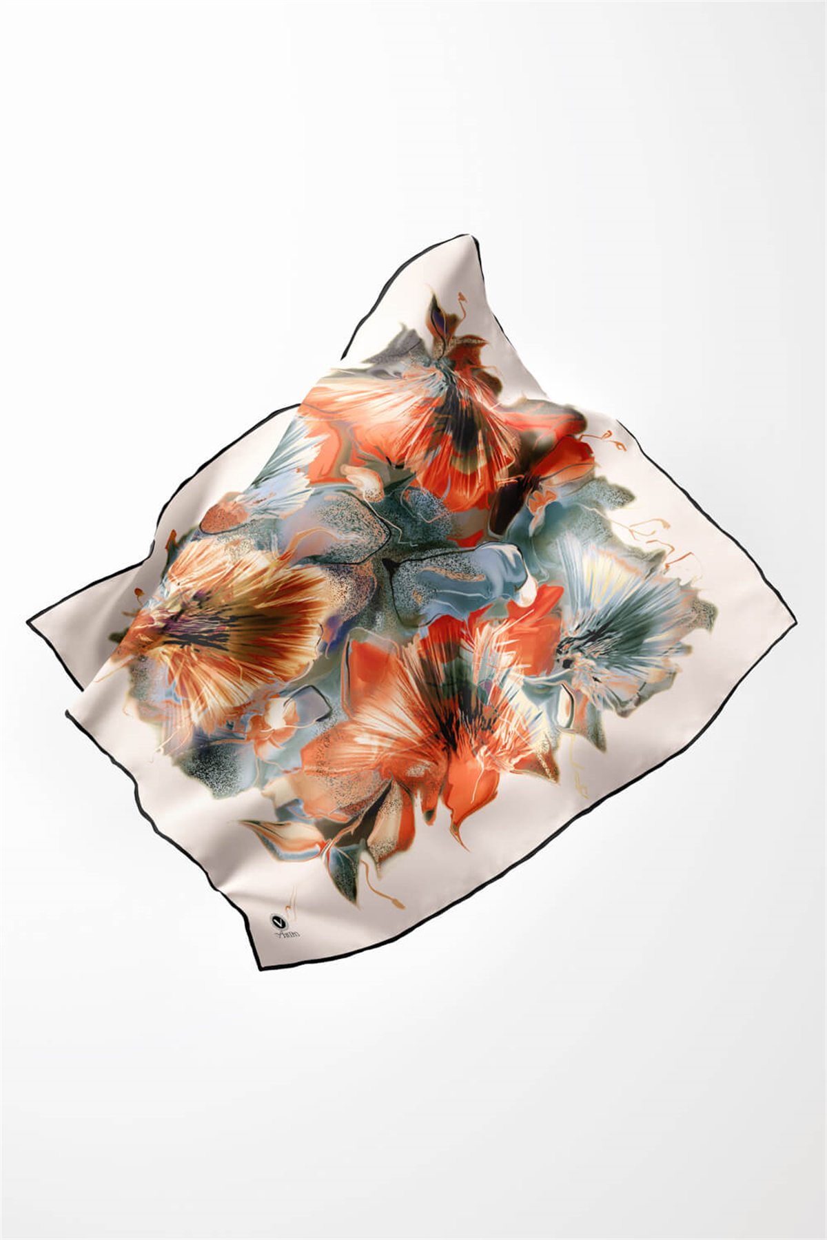 Twill Çiçek Desenli Turuncu Renkli 90x90 Eşarp (İpek İçermez) Kenar Dikiş Şekli El Dikişli