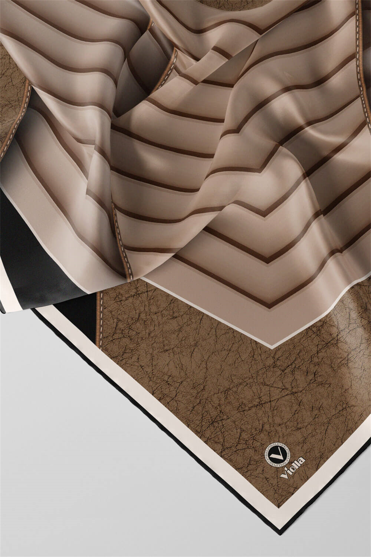 Twill Zigzag Desenli Bej Renkli 90x90 Eşarp (İpek İçermez) Kenar Dikiş Şekli El Dikişli