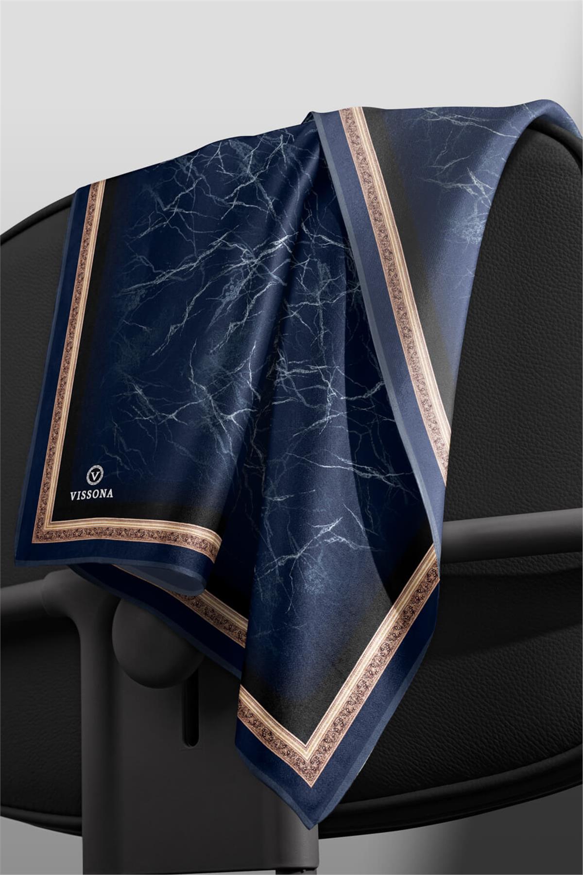 %100 Twill İpek Mermer Desenli Lacivert Renkli 90x90 Eşarp Dikim Şekli : El Dikişi