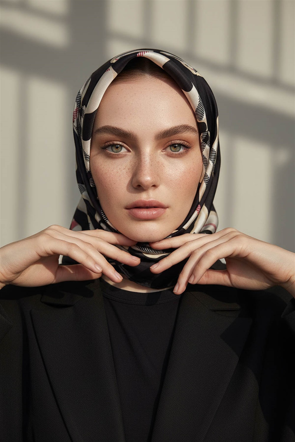 %100 Twill İpek Leopar Desenli Siyah - Krem Renkli 90x90 Eşarp Dikim Şekli : El Dikişi