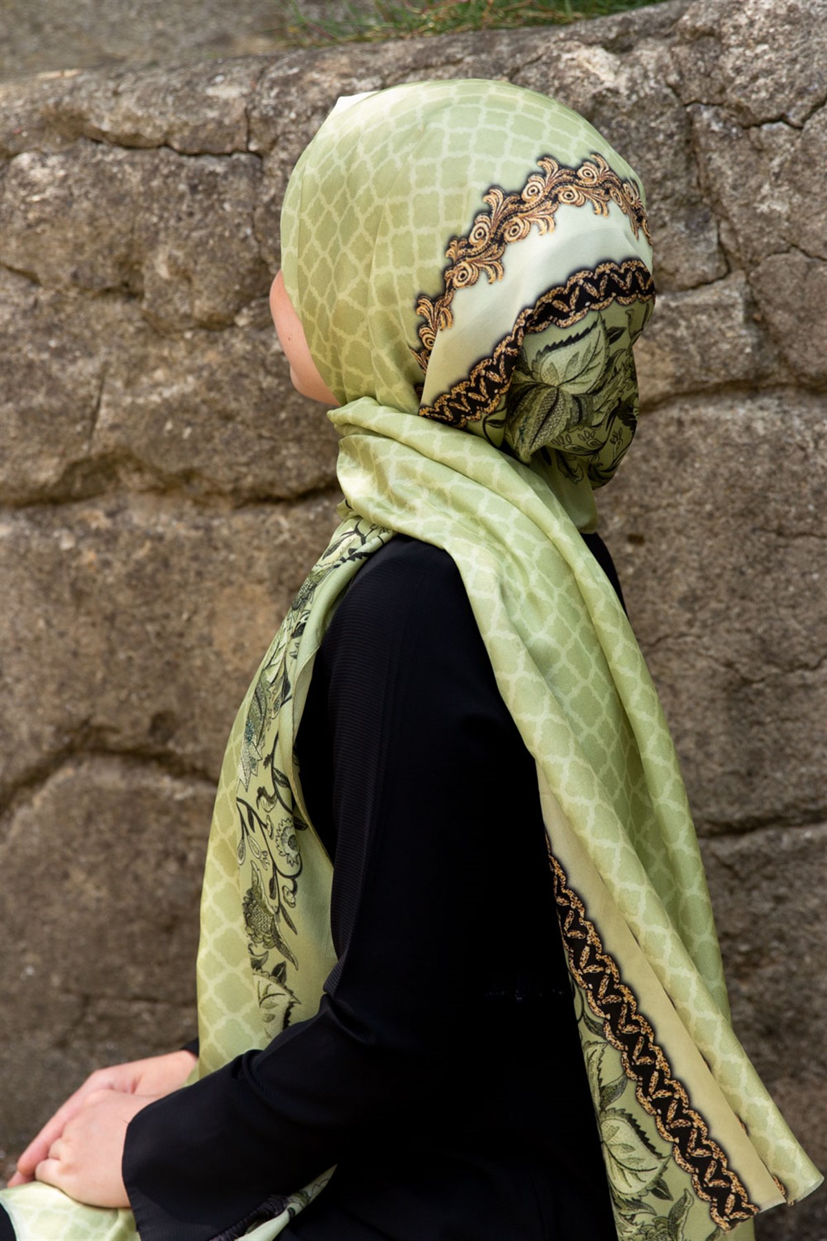 %100 İpek Yaprak Desenli Su Yeşili - Gold Renkli 92x210 Şal