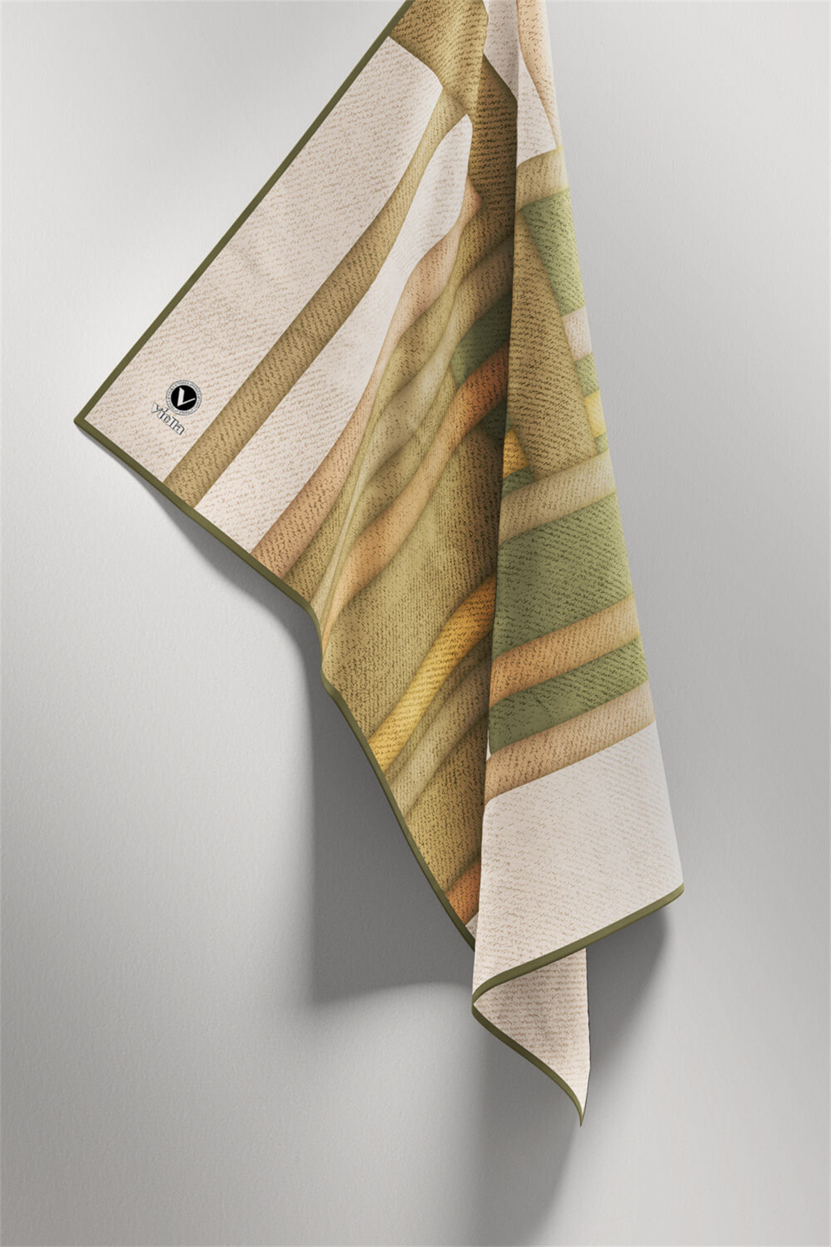 Twill Renkli Şerit Desenli Haki Renkli 90x90 Eşarp (İpek İçermez) Kenar Dikiş Şekli El Dikişli