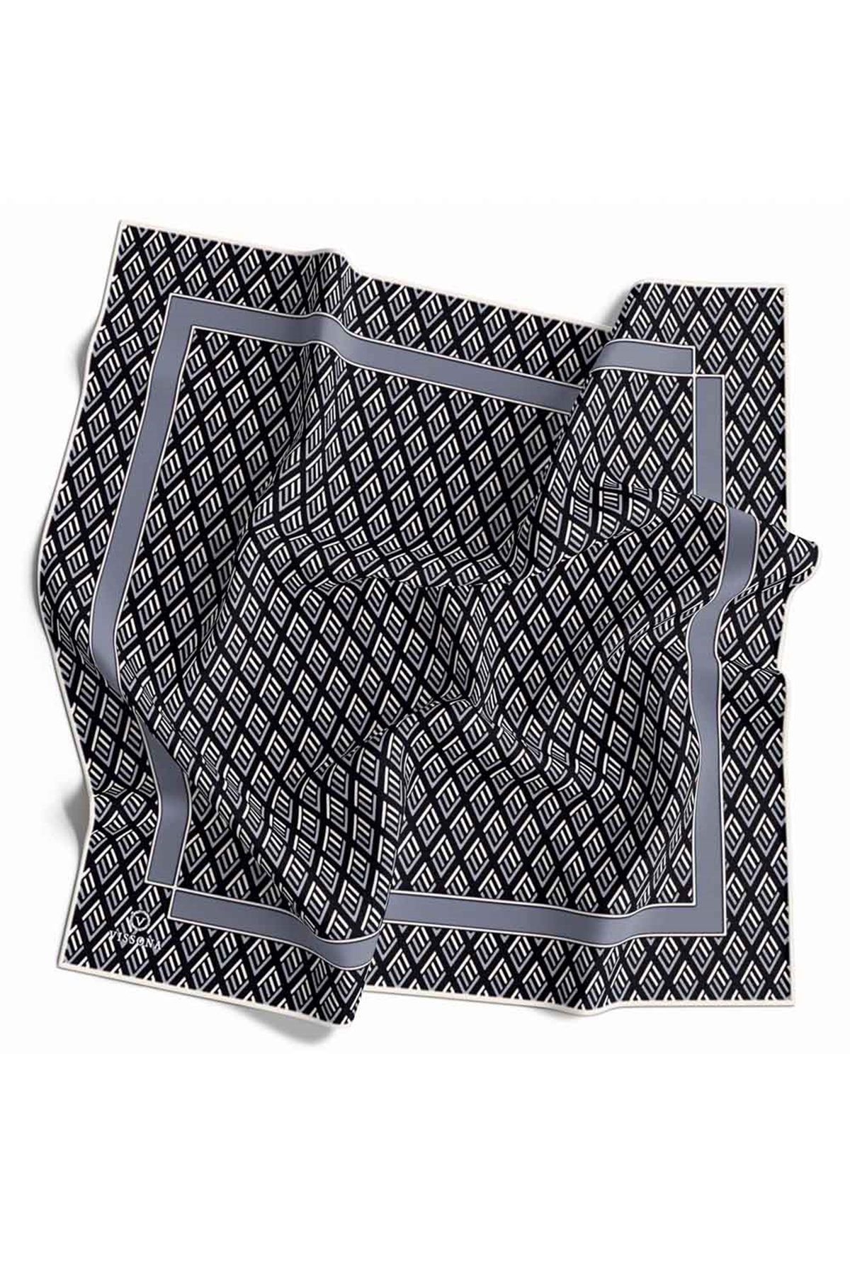 % 57 İPEK % 43 VİSKON Twill İpek Geometrik Desenli Siyah - Gri Renkli 90x90 Eşarp Dikim Şekli : El Dikişi
