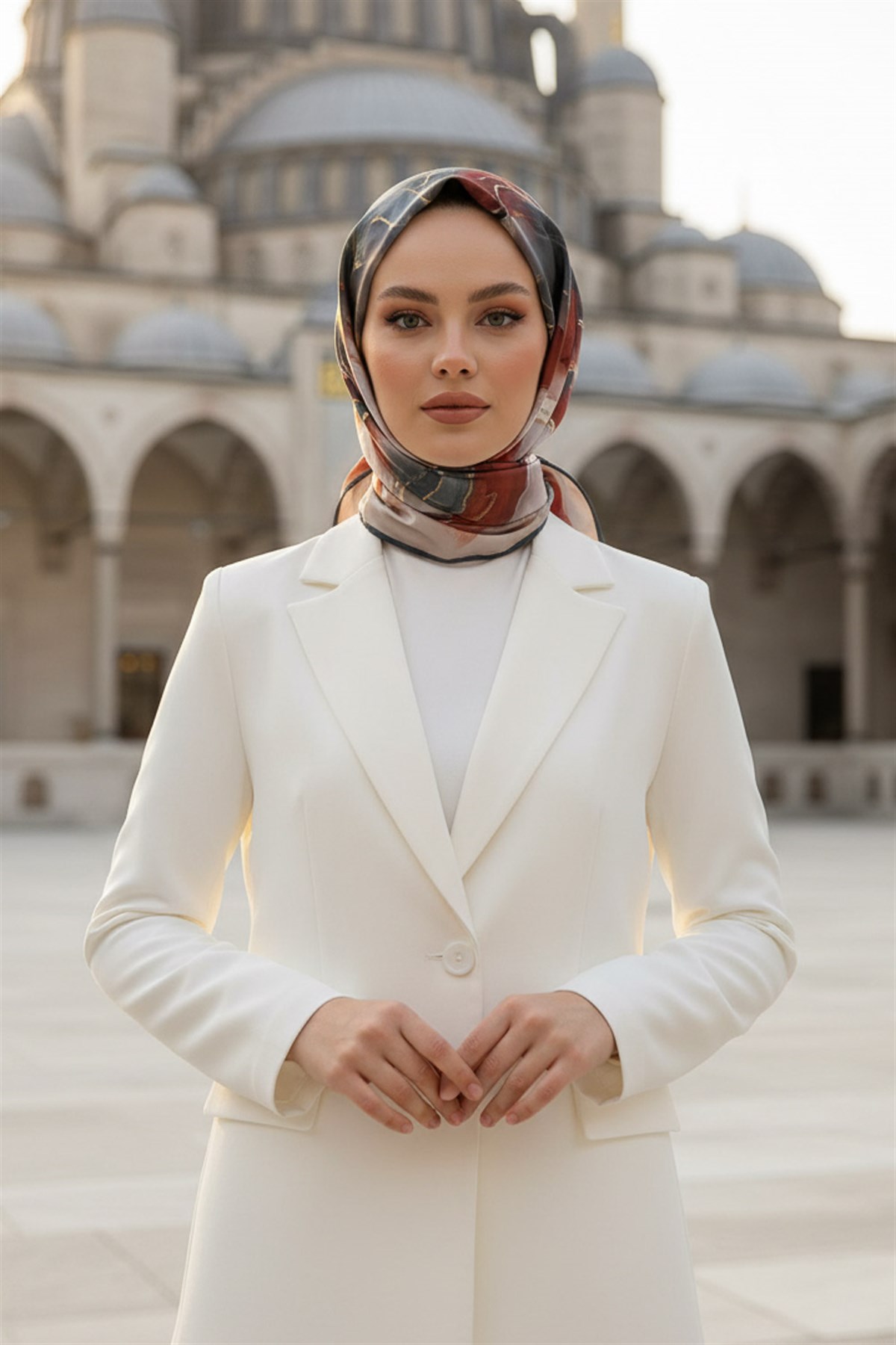 %100 Twill İpek Batik Desenli Nar Çiçeği - Petrol Yeşili Renkli 90x90 Eşarp Dikim Şekli : El Dikişi