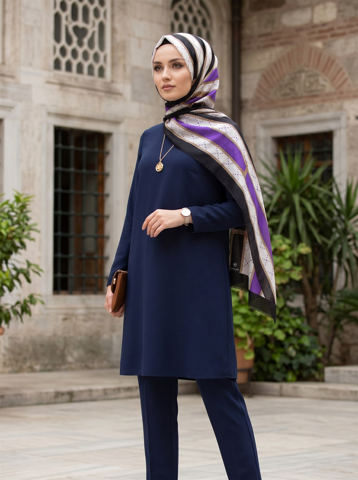 %100 Saf İpek Şal İnce Saten Vual Dokuma Kemer Desenli Mor - Siyah Renkli 90x210 Şal
