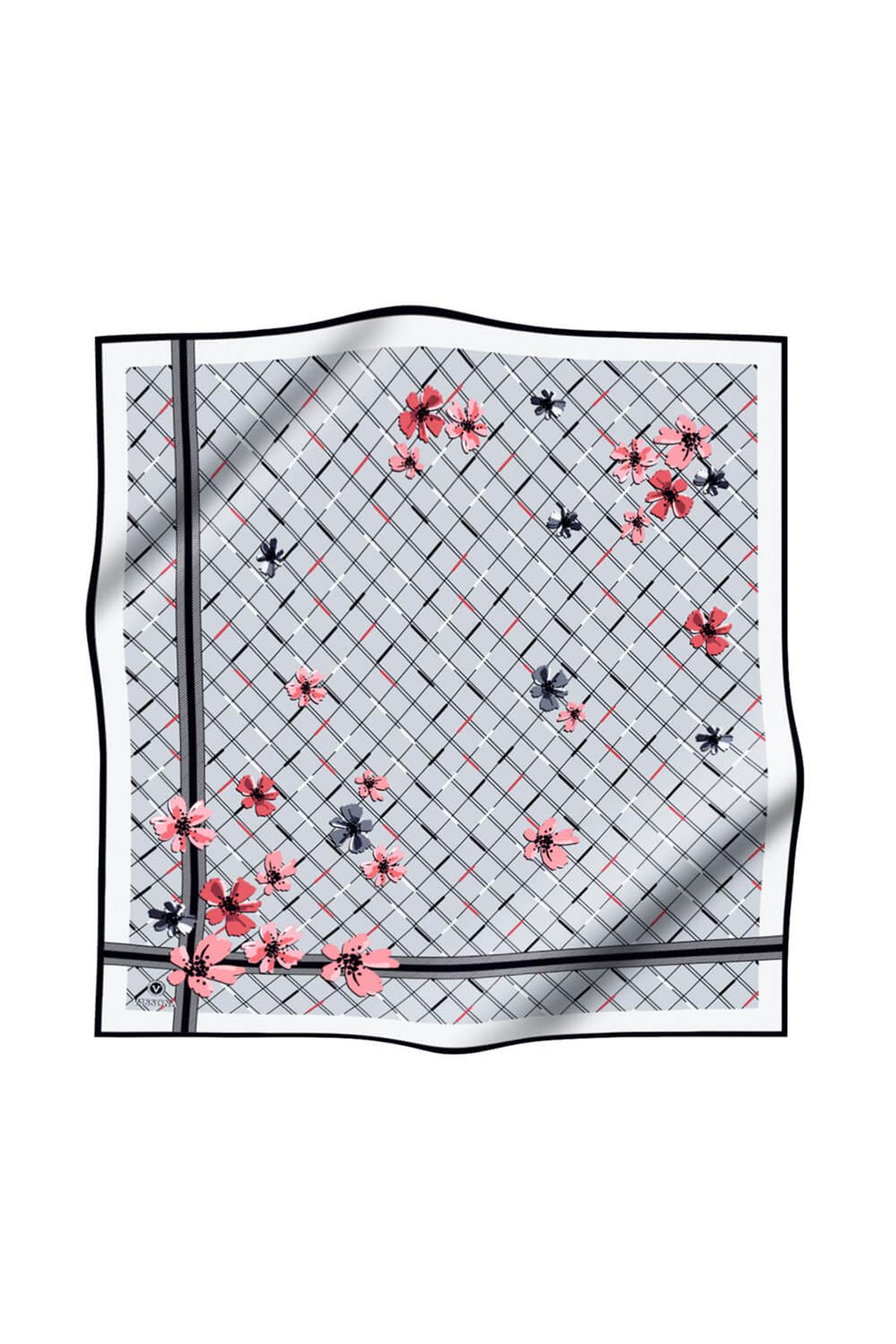 %100 Twill İpek Çıtır Çiçek Desenli Gümüş - Pembe Renkli 90x90 Eşarp Dikim Şekli : El Dikişi