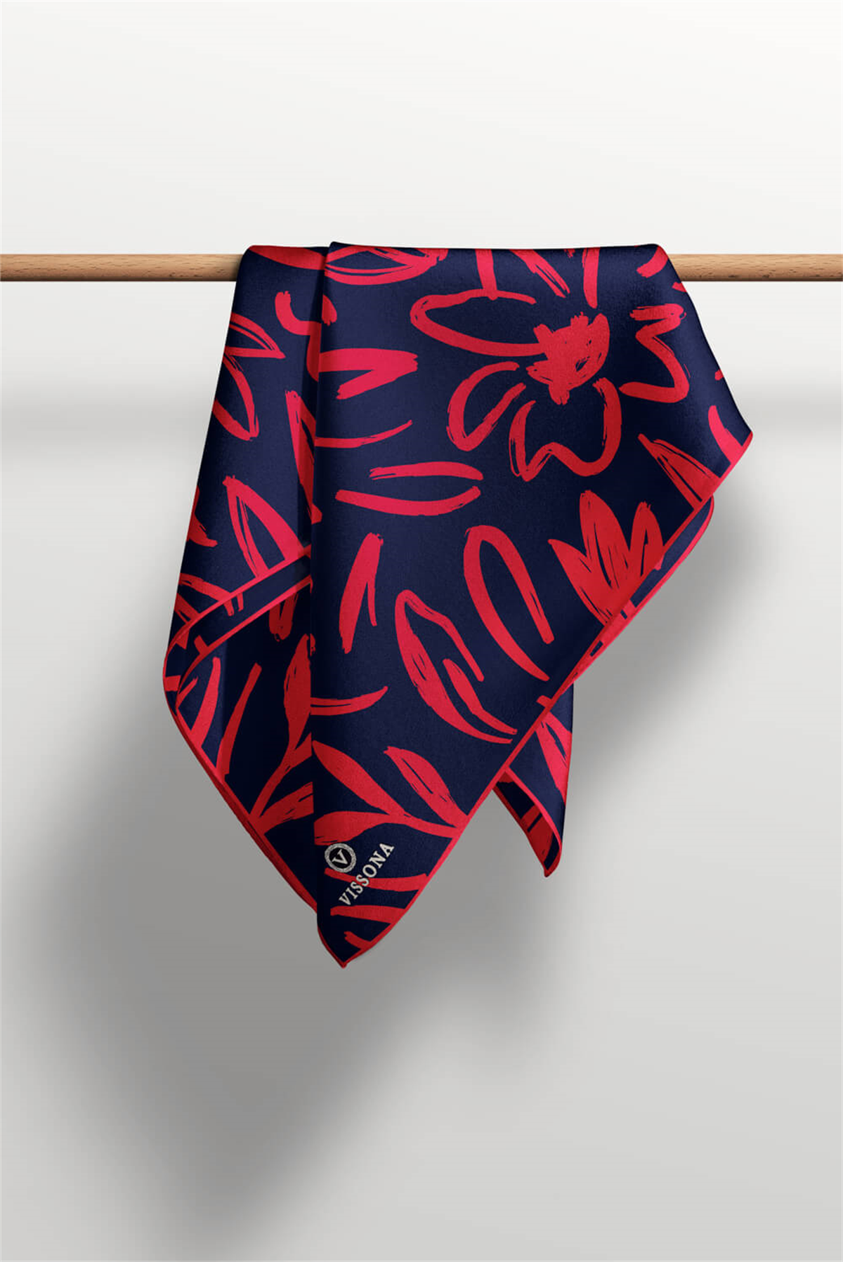 % 57 İPEK % 43 VİSKON Twill İpek Büyük Çiçek Desenli Lacivert - Kırmızı Renkli 90x90 Eşarp Dikim Şekli : El Dikişi