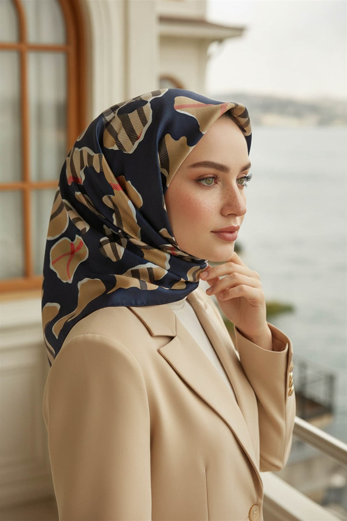 %100 Twill İpek Leopar Desenli Lacivert - Bej Renkli 90x90 Eşarp Dikim Şekli : El Dikişi