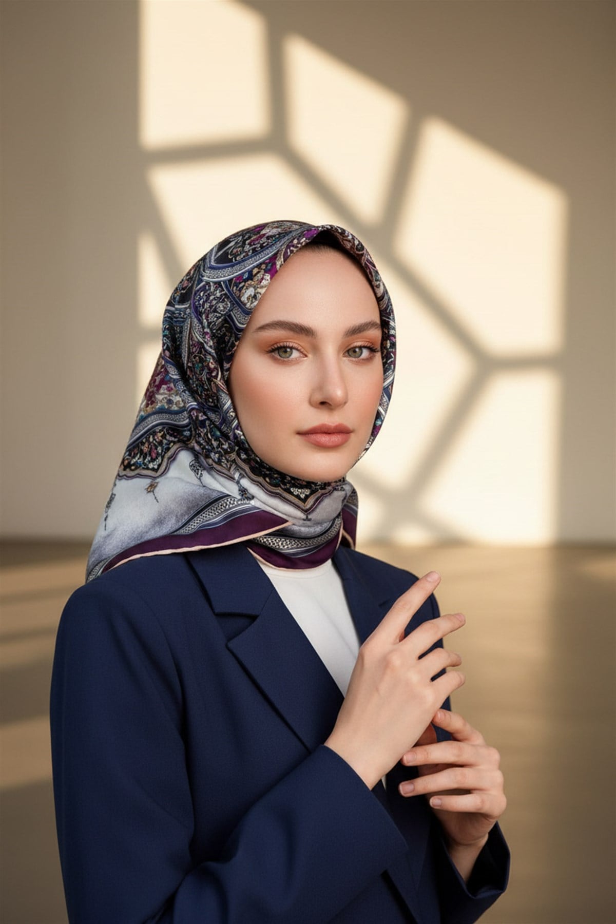 %100 Twill İpek Şal Desenli Mürdüm - Lacivert Renkli 90x90 Eşarp Dikim Şekli : El Dikişi