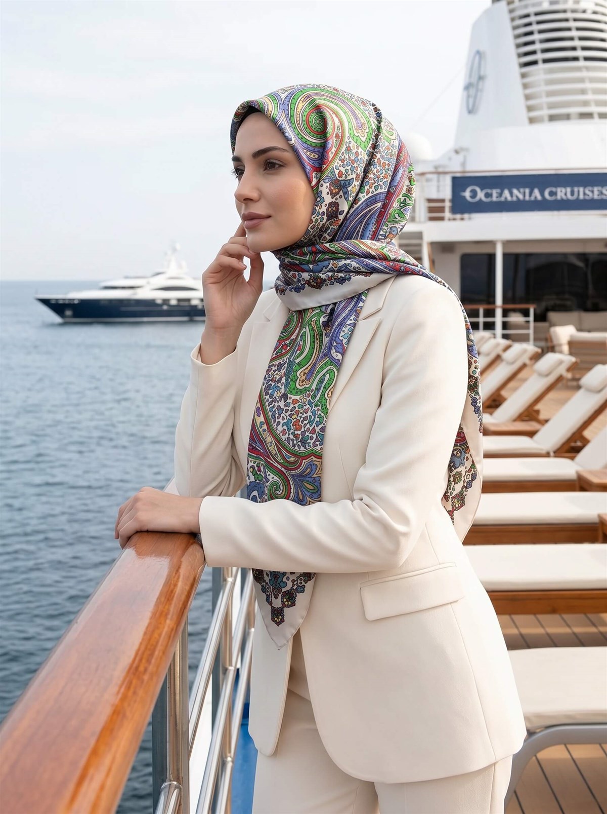 %100 Saf İpek Şal İnce Saten Vual Dokuma Etro Desenli Beyaz - Lacivert Renkli 90x210 Şal