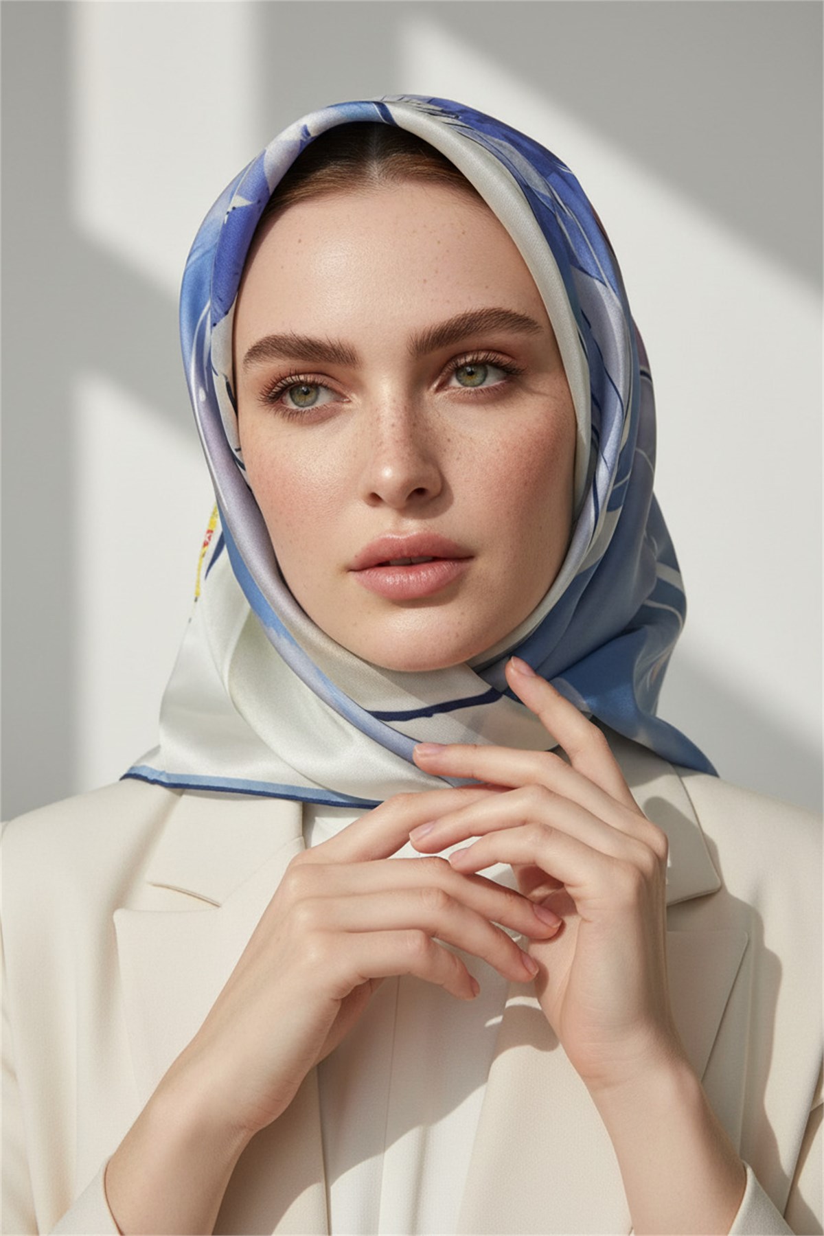 %100 Twill İpek Eşarp 90x90 Soyut Sulu Boya Desenli El Dikişli Kadın Eşarp