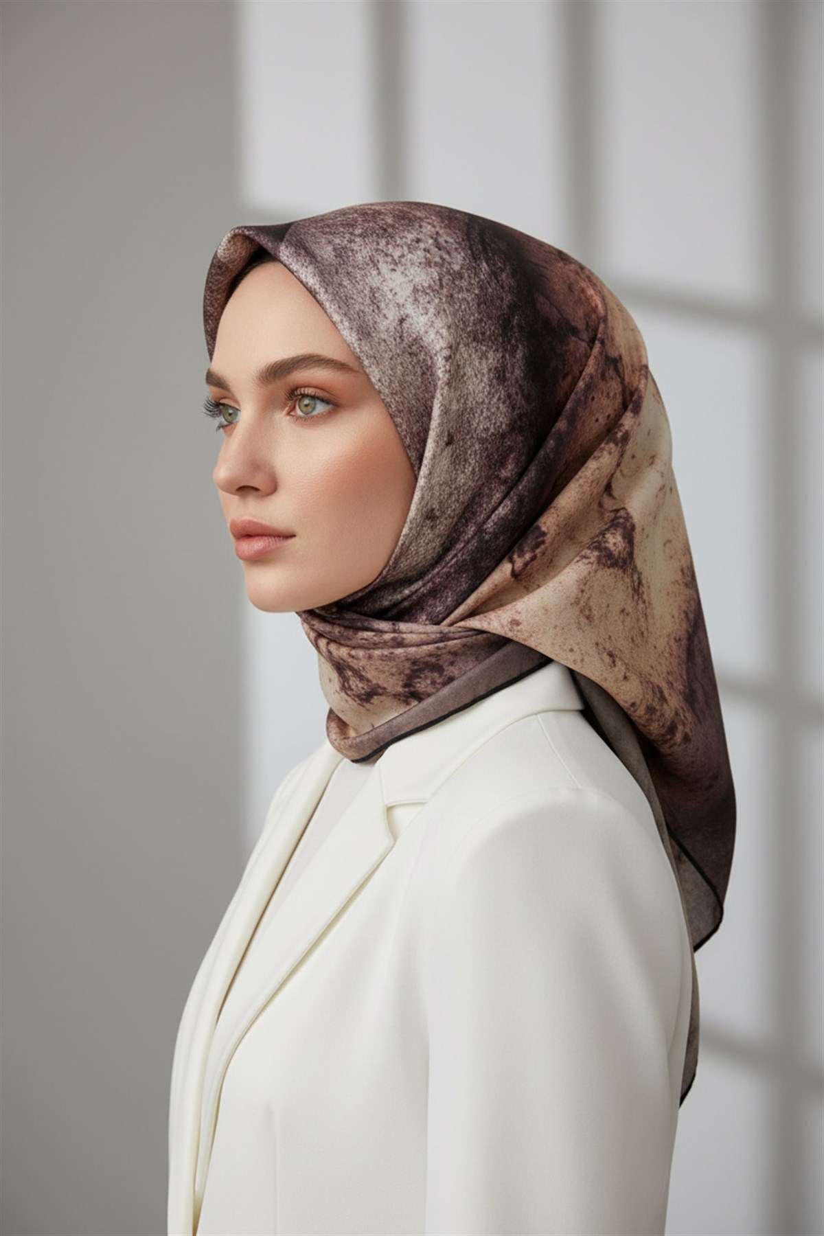 % 57 İPEK % 43 VİSKON Twill İpek Dokulu Ve Geometrik Desenli Pudra - Somon Renkli 90x90 Eşarp Dikim Şekli : El Dikişi