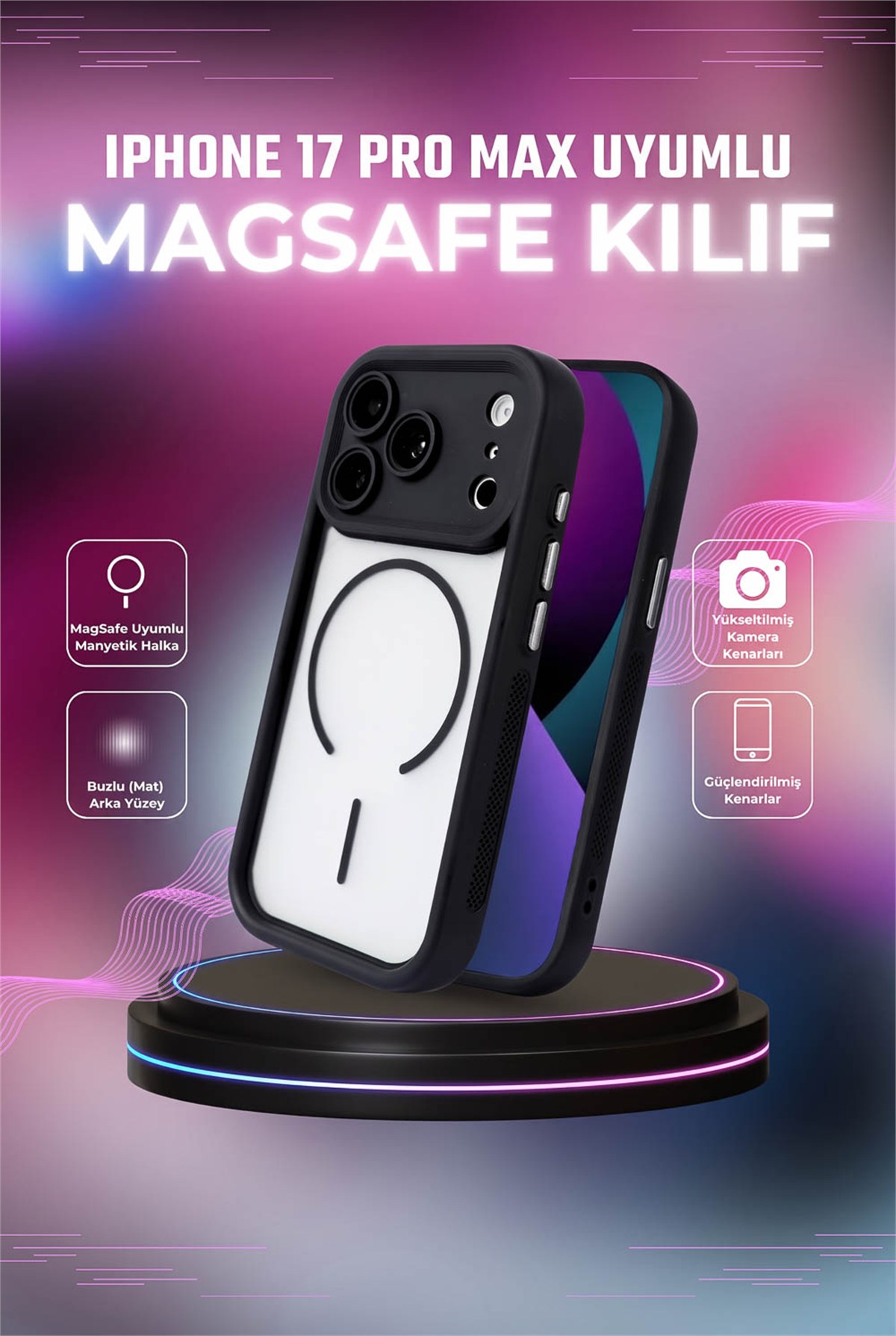 iPhone 17 Pro Max Kılıf – Kamera Korumalı – MagSafe Uyumlu – Siyah Renk – Mat Silikon Telefon Kılıfı