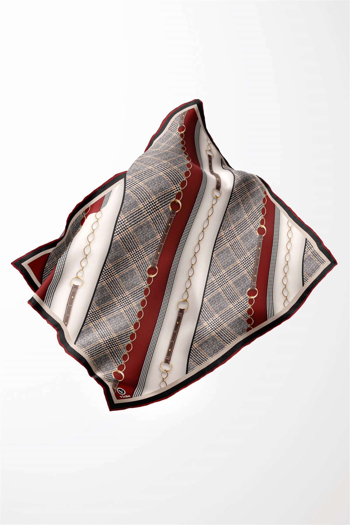 Twill Kemer Desenli Bordo Renkli 90x90 Eşarp (İpek İçermez) Kenar Dikiş Şekli El Dikişli