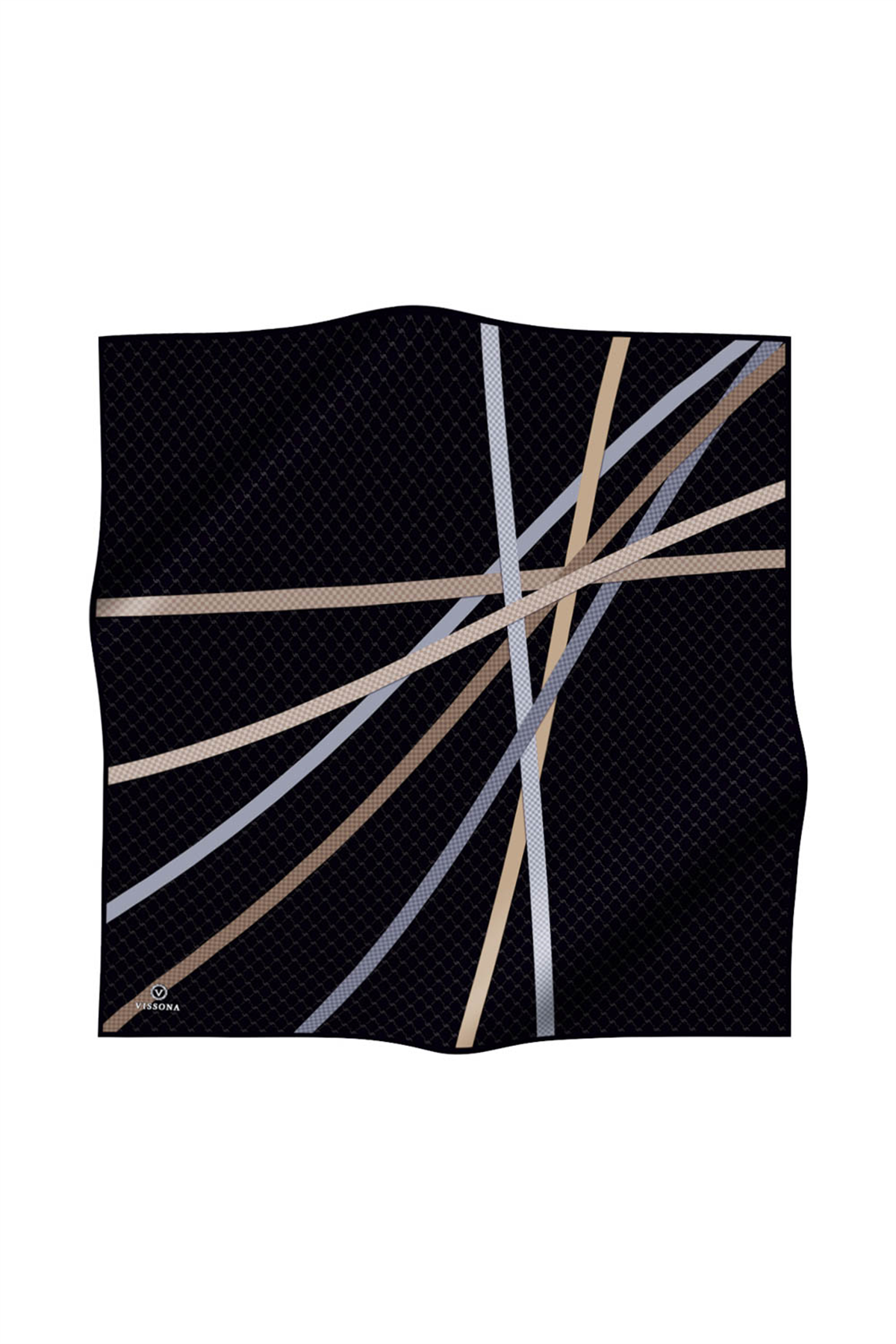 %57 İPEK %43 VİSKON Twill İpek Monogram Ve Şerit Desenli Siyah - Bej Renkli 90x90 Eşarp Dikim Şekli : El Dikişi