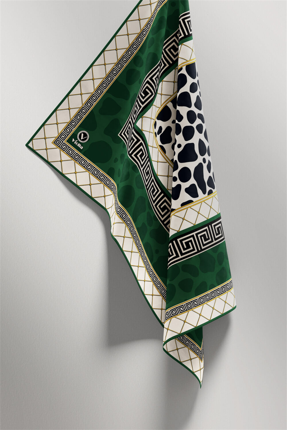 Twill Taş Desenli Zümrüt Yeşili Renkli 90x90 Eşarp (İpek İçermez) Kenar Dikiş Şekli El Dikişli