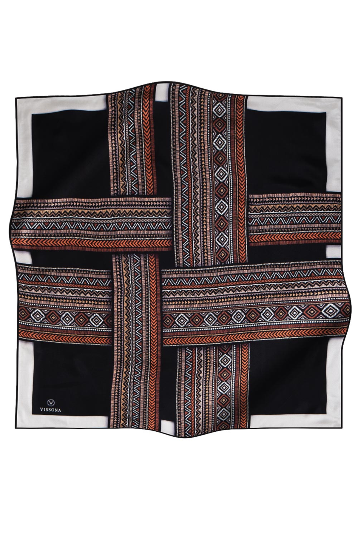 % 57 İPEK % 43 VİSKON Twill İpek Etnik Desenli Siyah - Taba Renkli 90x90 Eşarp Dikim Şekli : El Dikişi