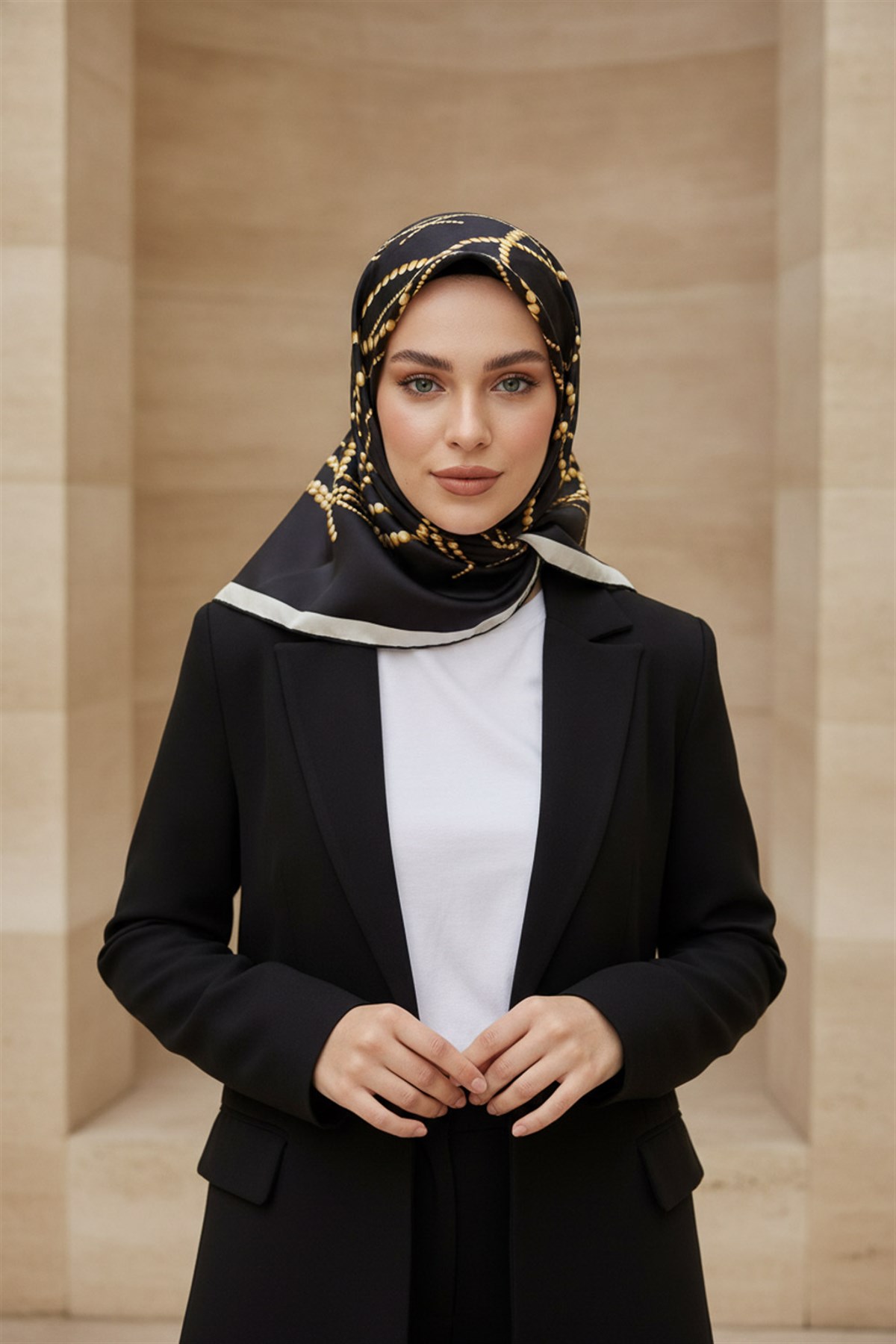 %100 Twill İpek İnci Desenli Siyah Renkli 90x90 Eşarp Kenar Dikiş Şekli : El Dikişli
