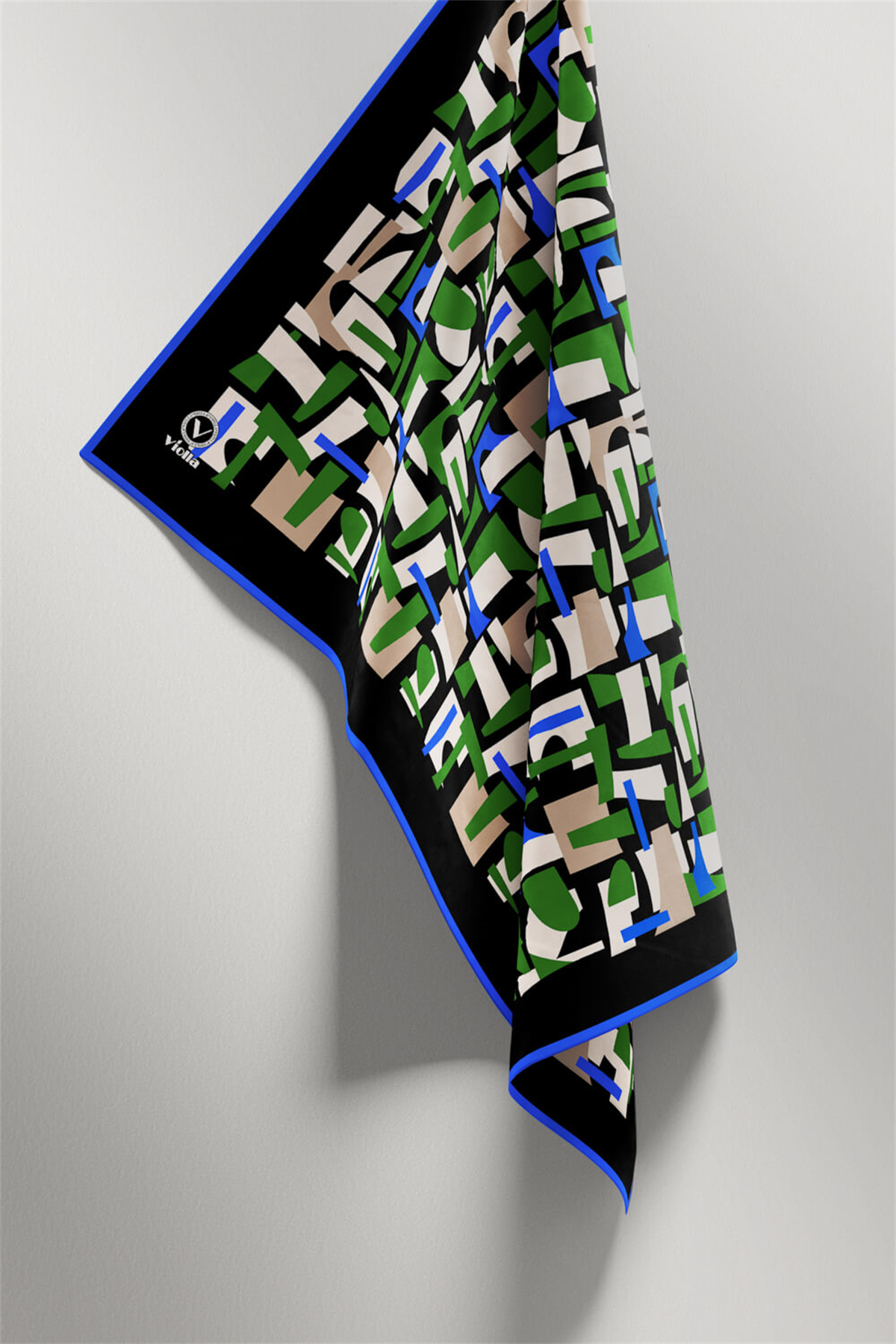 Twill Geometrik Desenli Zümrüt Yeşili - Saks Renkli 90x90 Eşarp (İpek İçermez) Dikim Şekli : El Dikişi