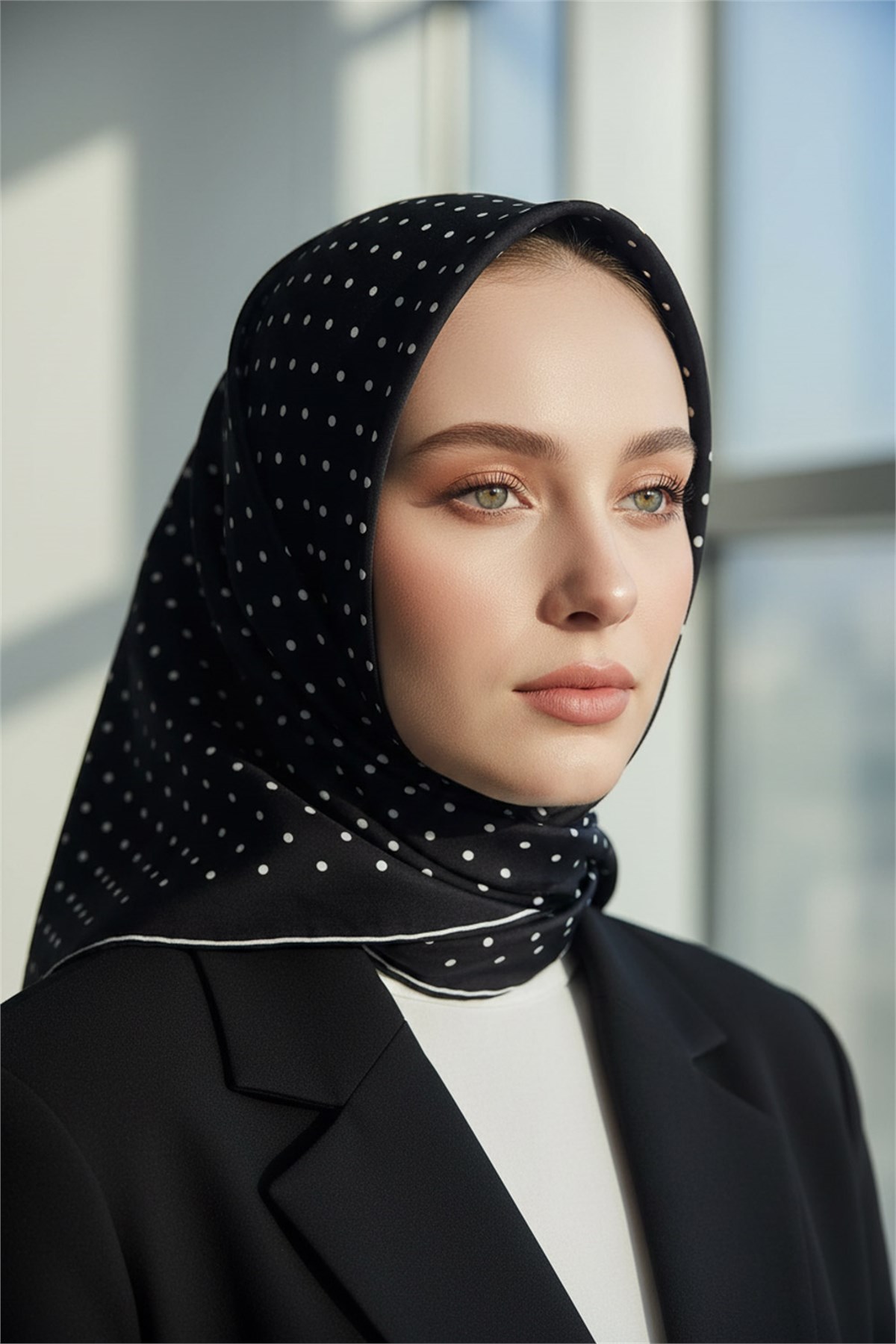 %100 Twill İpek Eşarp 90x90 Puantiye Desenli El Dikişli Kadın Eşarp
