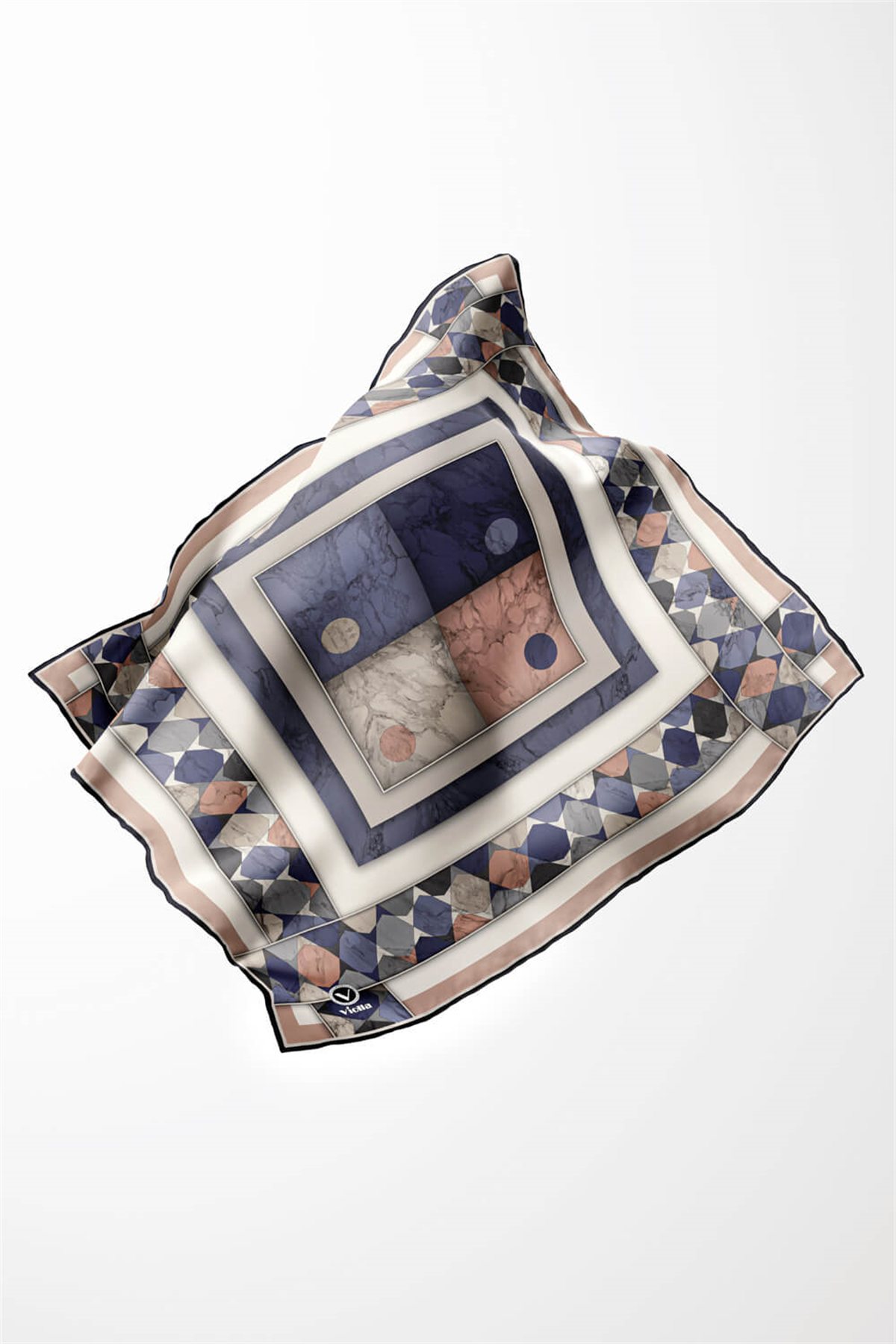 Twill Geometrik Mermer Desenli Pudra Renkli 90x90 Eşarp (İpek İçermez) Kenar Dikiş Şekli El Dikişli