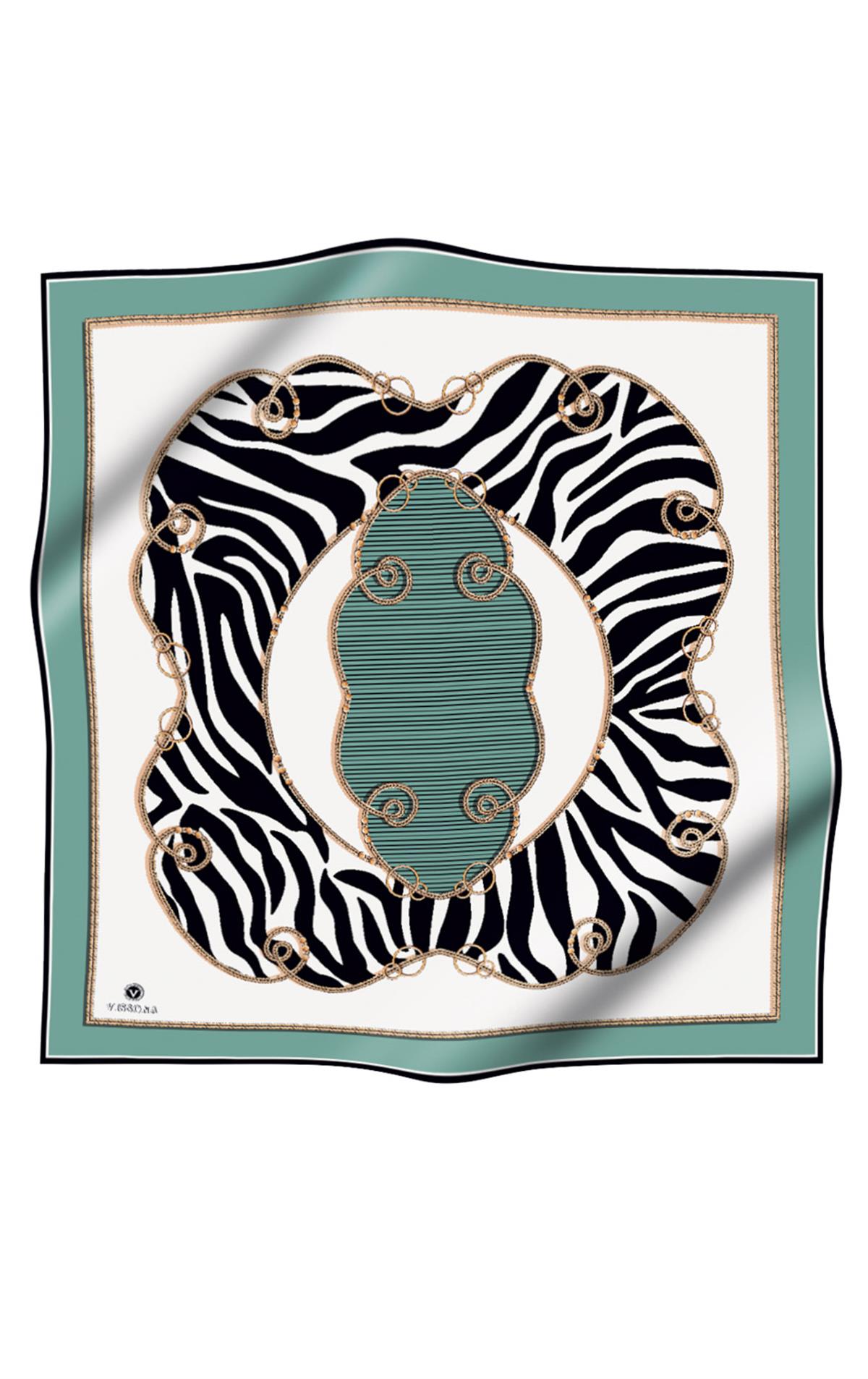 %100 Twill İpek Zincirli Ve Zebra Desenli Su Yeşili - Krem Renkli 90x90 Eşarp Dikim Şekli : El Dikişi