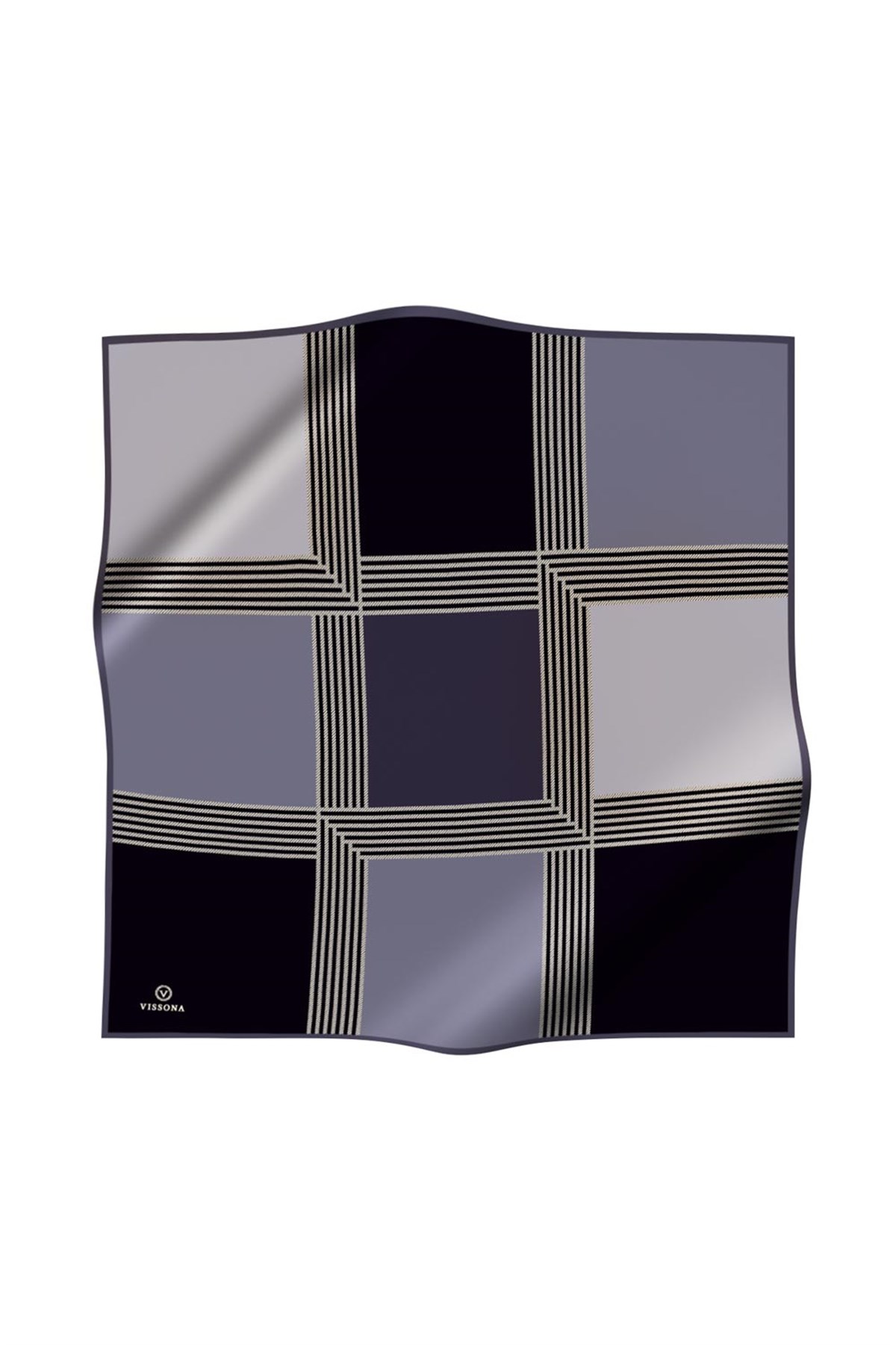 % 57 İPEK % 43 VİSKON Twill İpek Geometrik Desenli Gri Renkli 90x90 Eşarp Dikim Şekli : El Dikişi