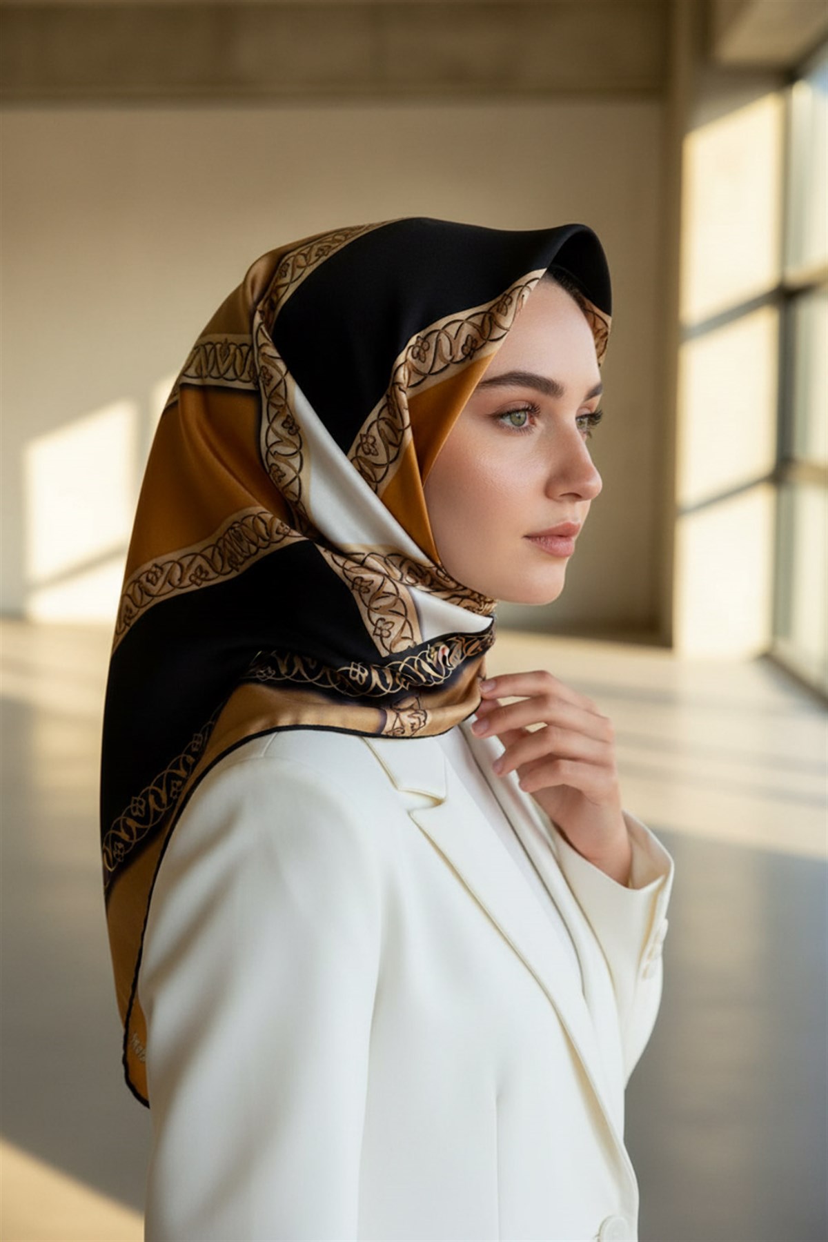 %100 Twill İpek Geometrik Desenli Gold - Siyah Renkli 90x90 Eşarp Dikim Şekli : El Dikişi