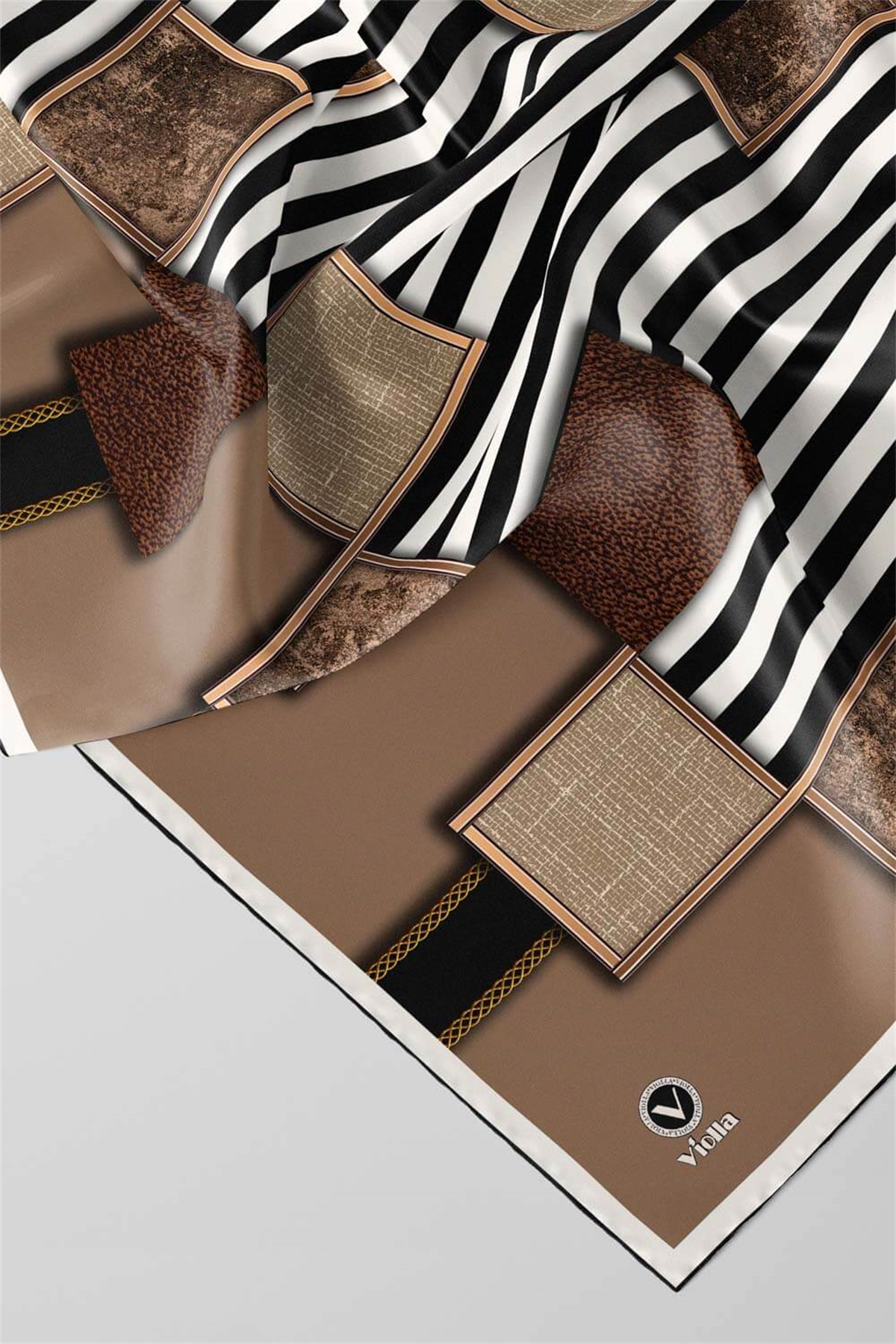 Twill Geometrik Ve Çizgili Desenli Bej Renkli 90x90 Eşarp (İpek İçermez) Dikim Şekli : El Dikişi