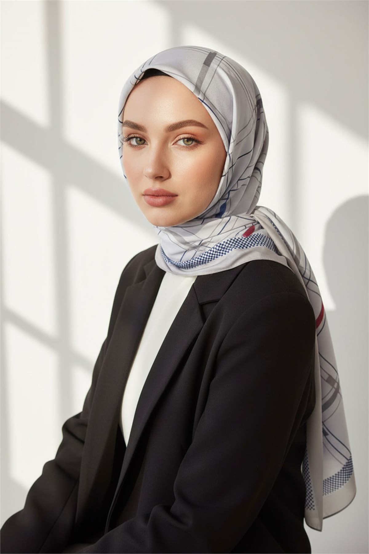 KREP GEOMETRİK DESENLİ GRİ - MÜRDÜM RENKLİ 75X195 KIRIŞMAZ ŞAL