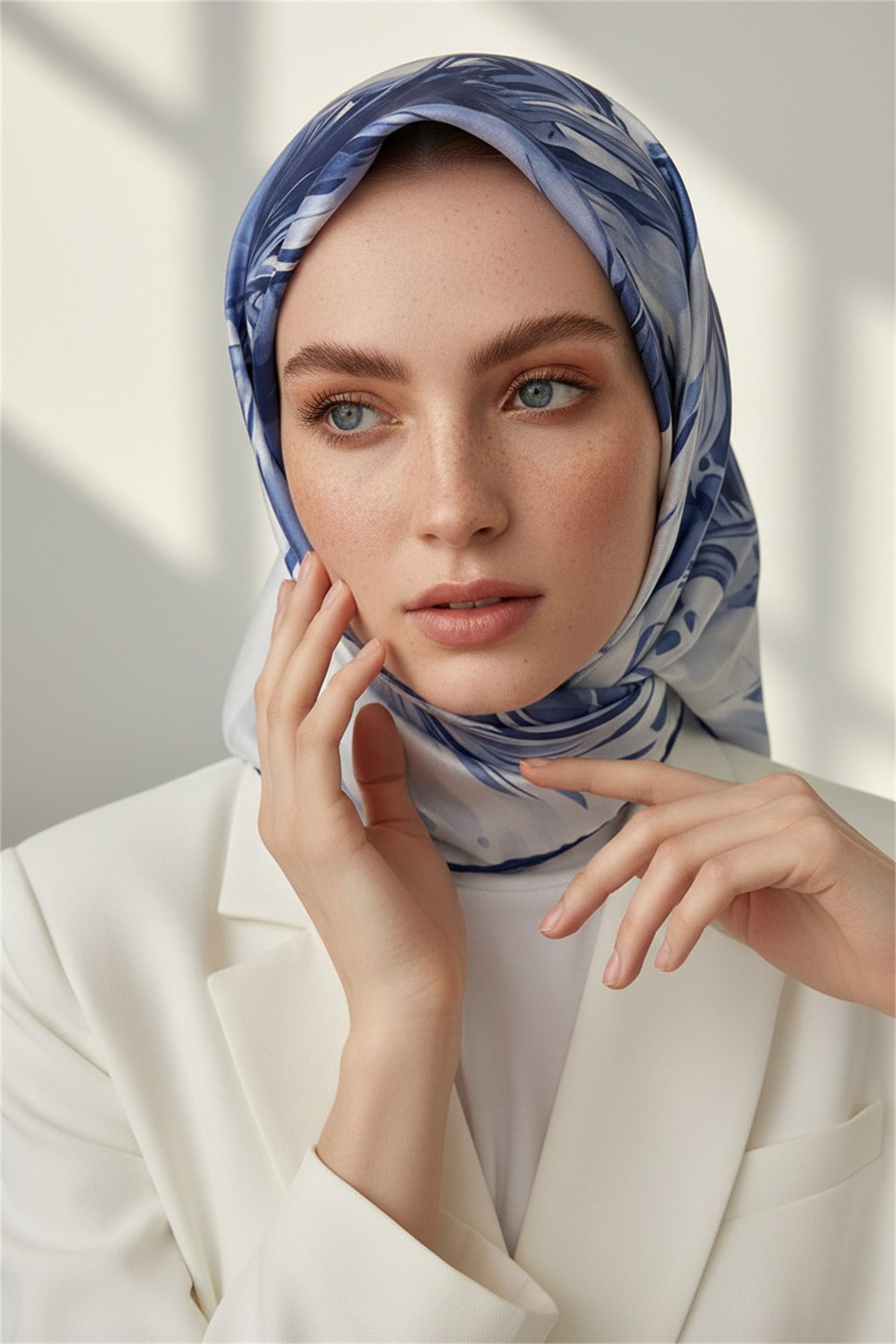 %100 Twill İpek Eşarp 90x90 Çiçekli Sulu Boya Desenli El Dikişli Kadın Eşarp