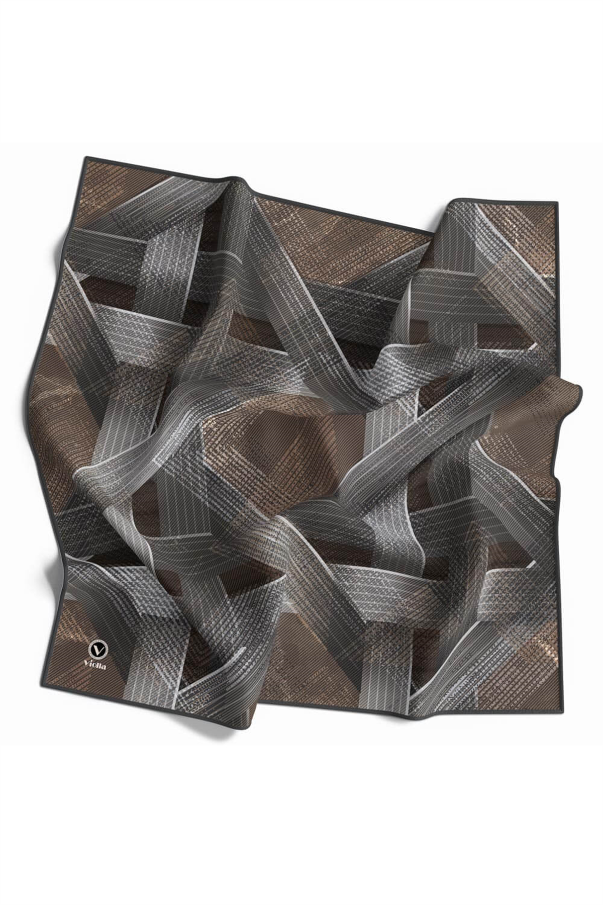 Twill Dokulu Geometrik Desenli Gri - Bej Renkli 90x90 Eşarp (İpek İçermez) Kenar Dikiş Şekli El Dikişli