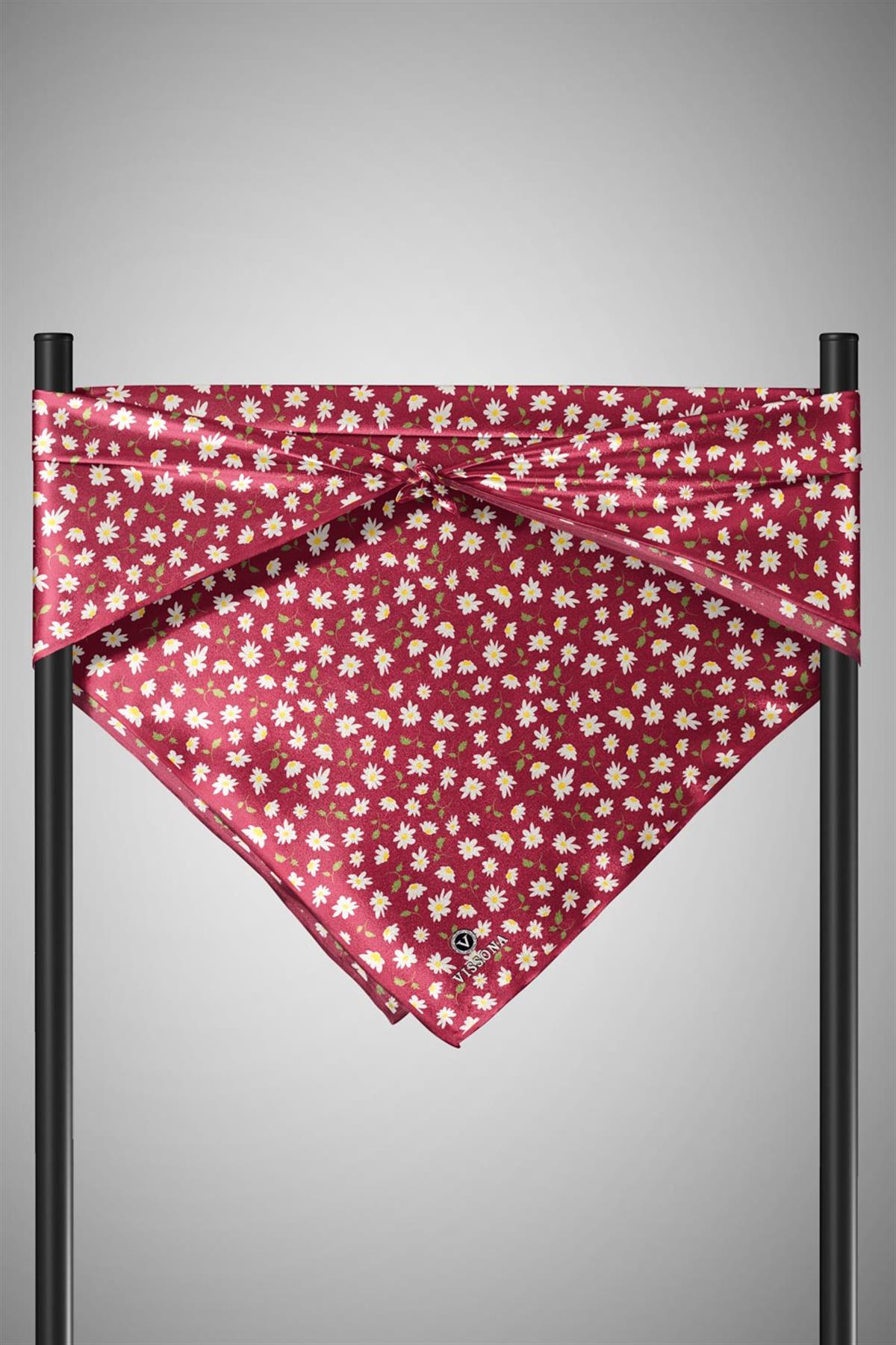%100 Twill İpek Papatya Desenli Bordo Renkli 90x90 Eşarp Dikim Şekli : El Dikişi