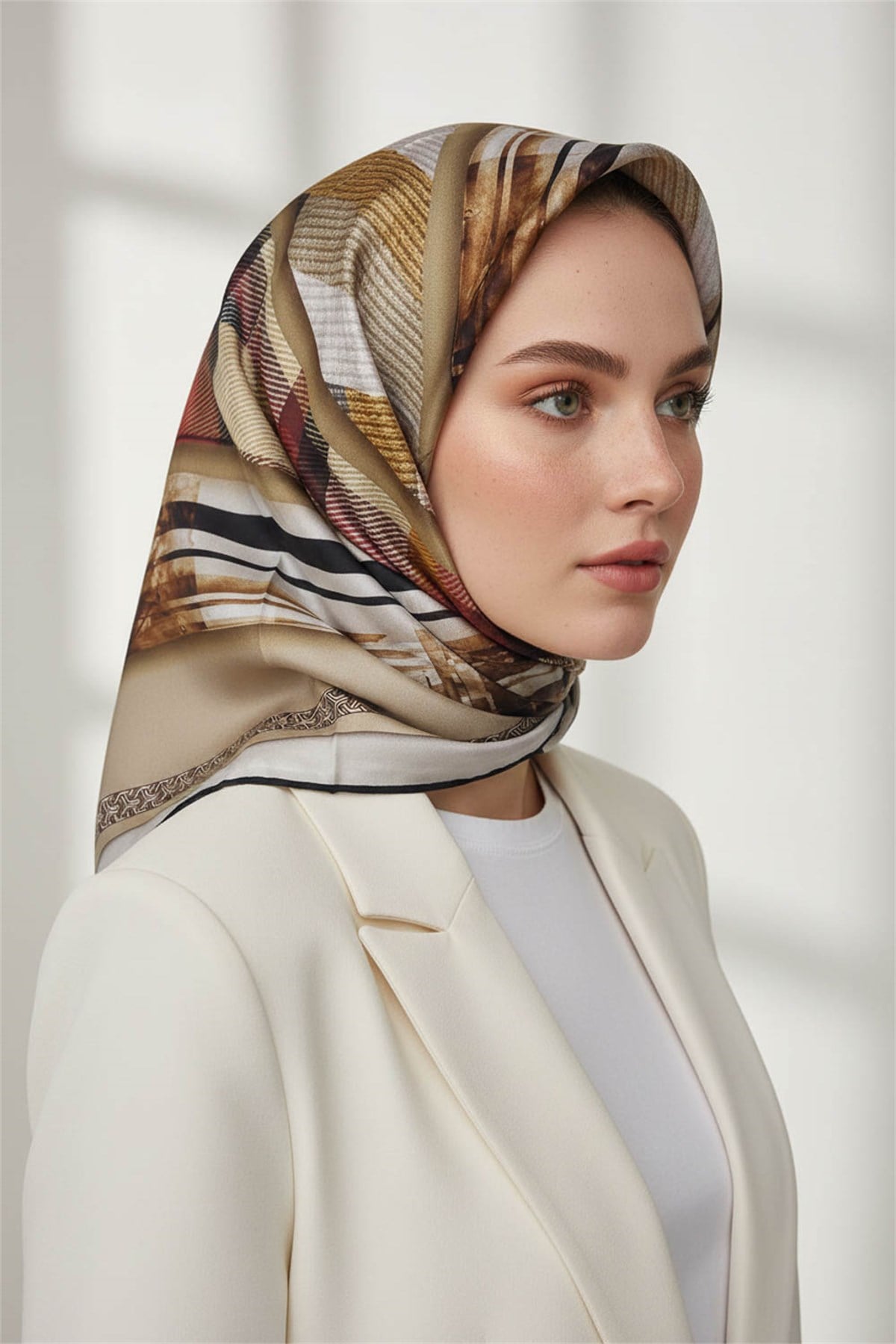 %100 Twill İpek Ekose Desenli Bej - Kırmızı Renkli 90x90 Eşarp Dikim Şekli : El Dikişi