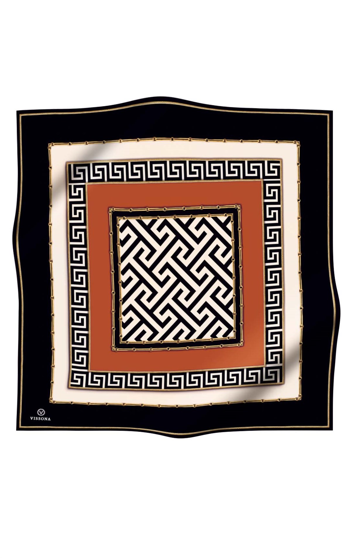 % 57 İPEK % 43 VİSKON Twill İpek Labirent Ve Geometrik Desenli Taba - Siyah Renkli 90x90 Eşarp Dikim Şekli : El Dikişi