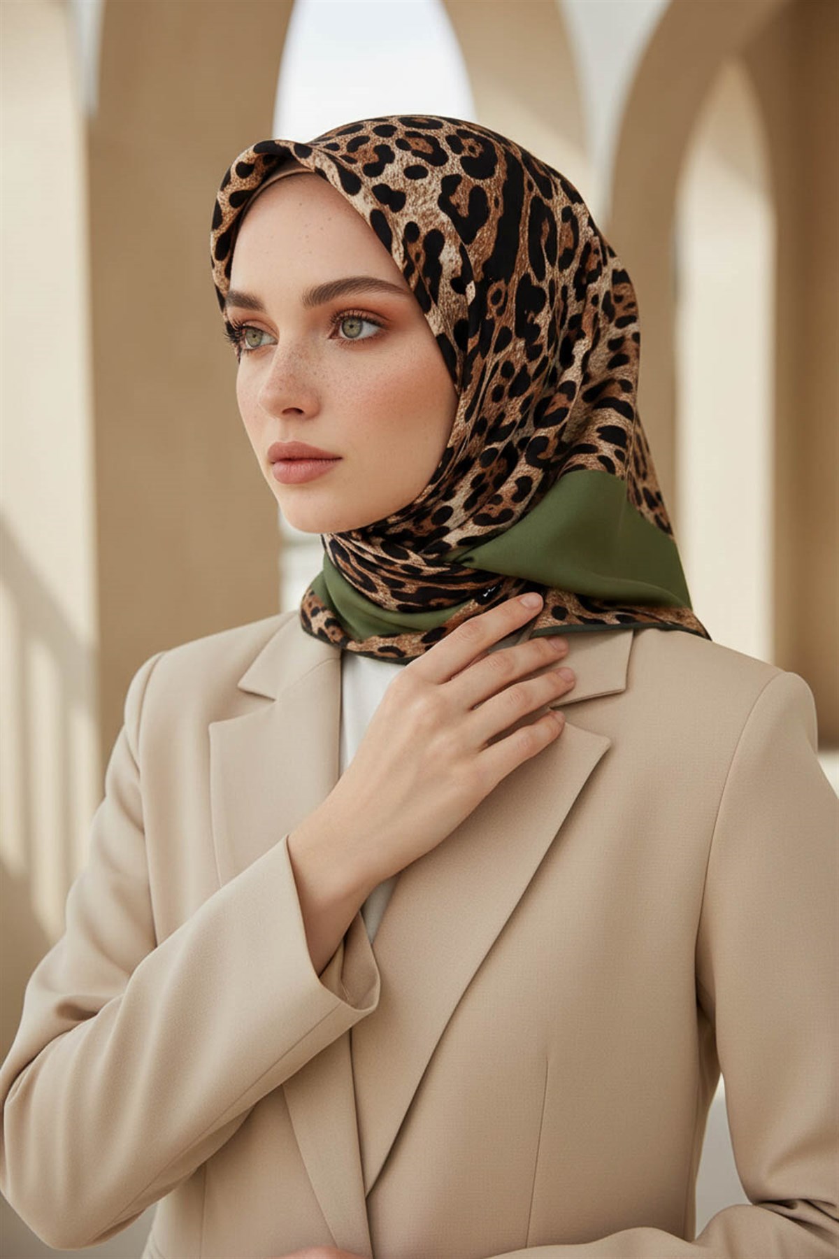 %100 Twill İpek Leopar Desenli Haki Renkli 90x90 Eşarp Dikim Şekli : El Dikişi