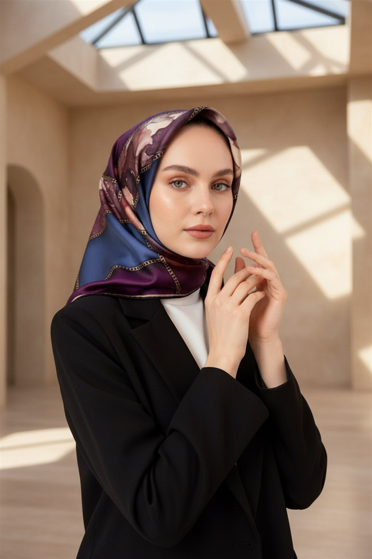 %100 Twill İpek Efektli Bant Desenli Mürdüm - İndigo Renkli 90x90 Eşarp Dikim Şekli : El Dikişi