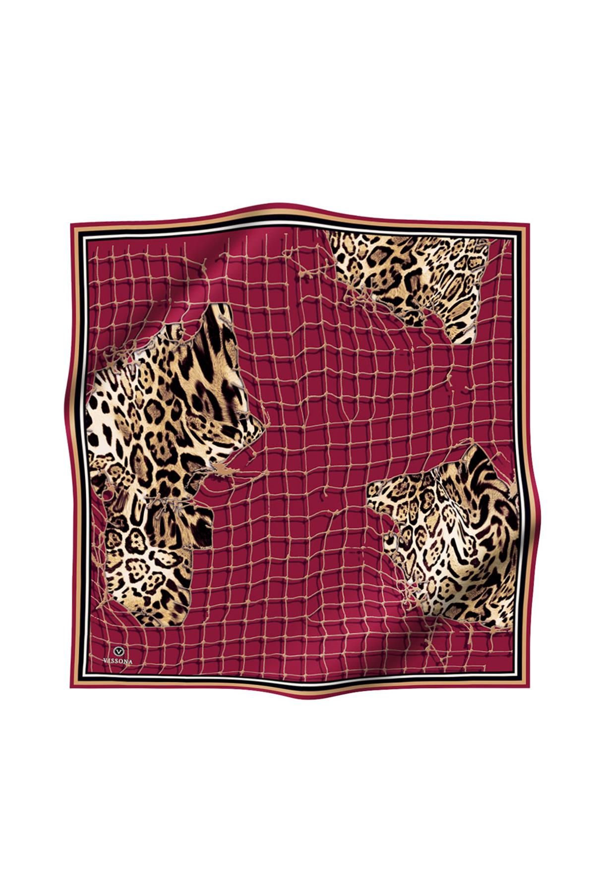 %100 Twill İpek Leopar Desenli Bordo Renkli 90x90 Eşarp Dikim Şekli : El Dikişi