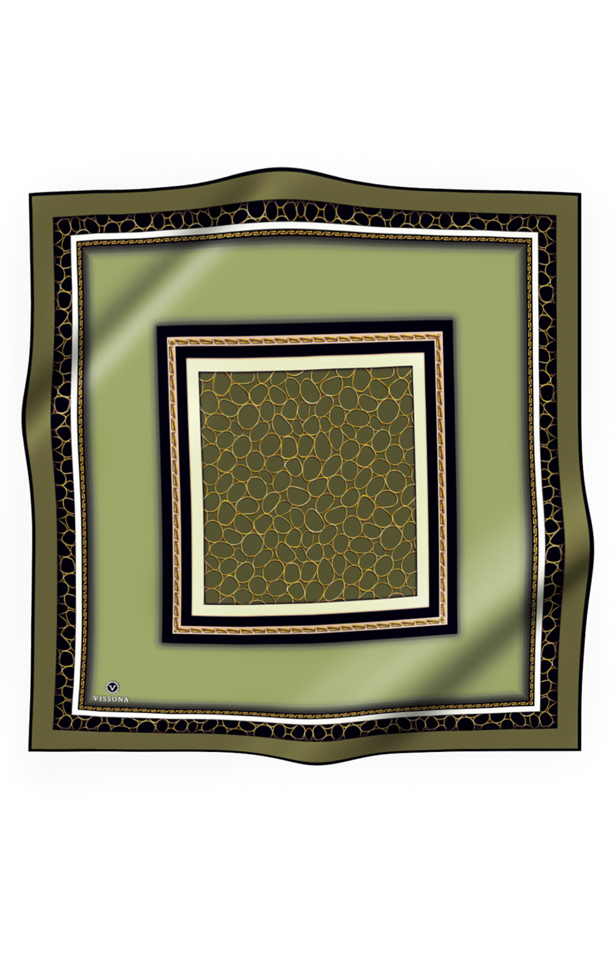 % 57 İPEK % 43 VİSKON Twill İpek Gold Halka Desenli Haki - Siyah Renkli 90x90 Eşarp Dikim Şekli : El Dikişi