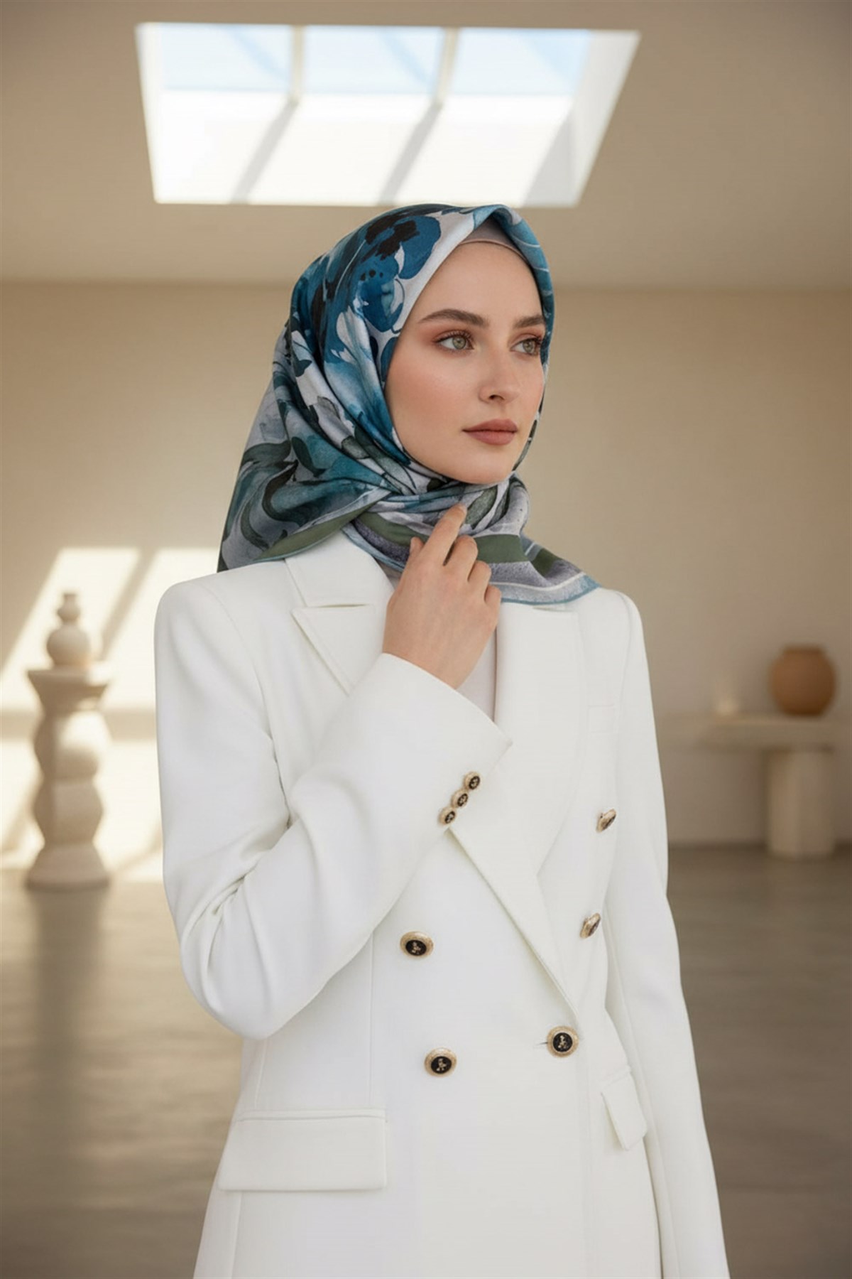 %100 Twill İpek Bahar Çiçekleri Desenli Petrol Yeşili - Haki Renkli 90x90 Eşarp Dikim Şekli : El Dikişi