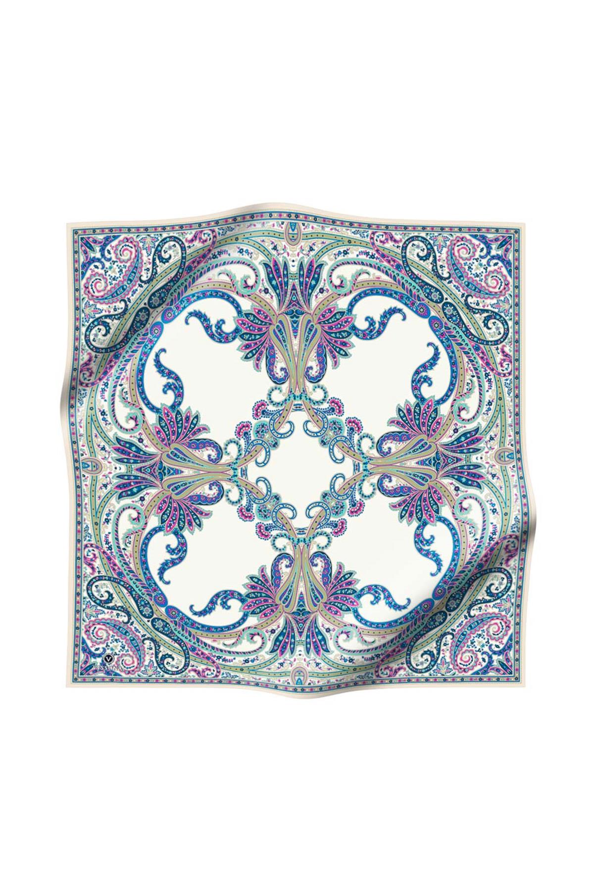 %100 Twill İpek Şal Desenli Krem - Saks Renkli 90x90 Eşarp Dikim Şekli : El Dikişi