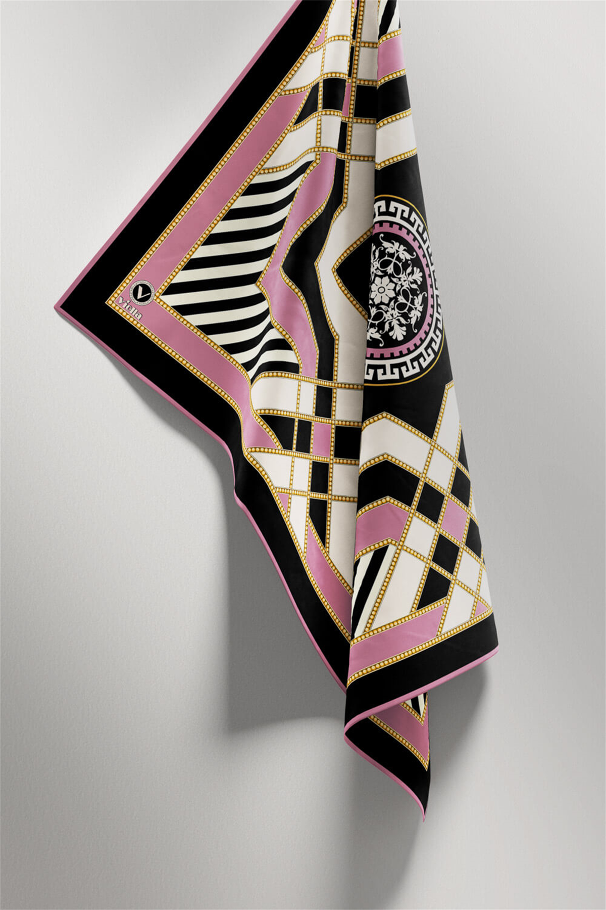 Twill Gold Detaylı Çizgili Desenli Pembe Renkli 90x90 Eşarp (İpek İçermez) Kenar Dikiş Şekli El Dikişli